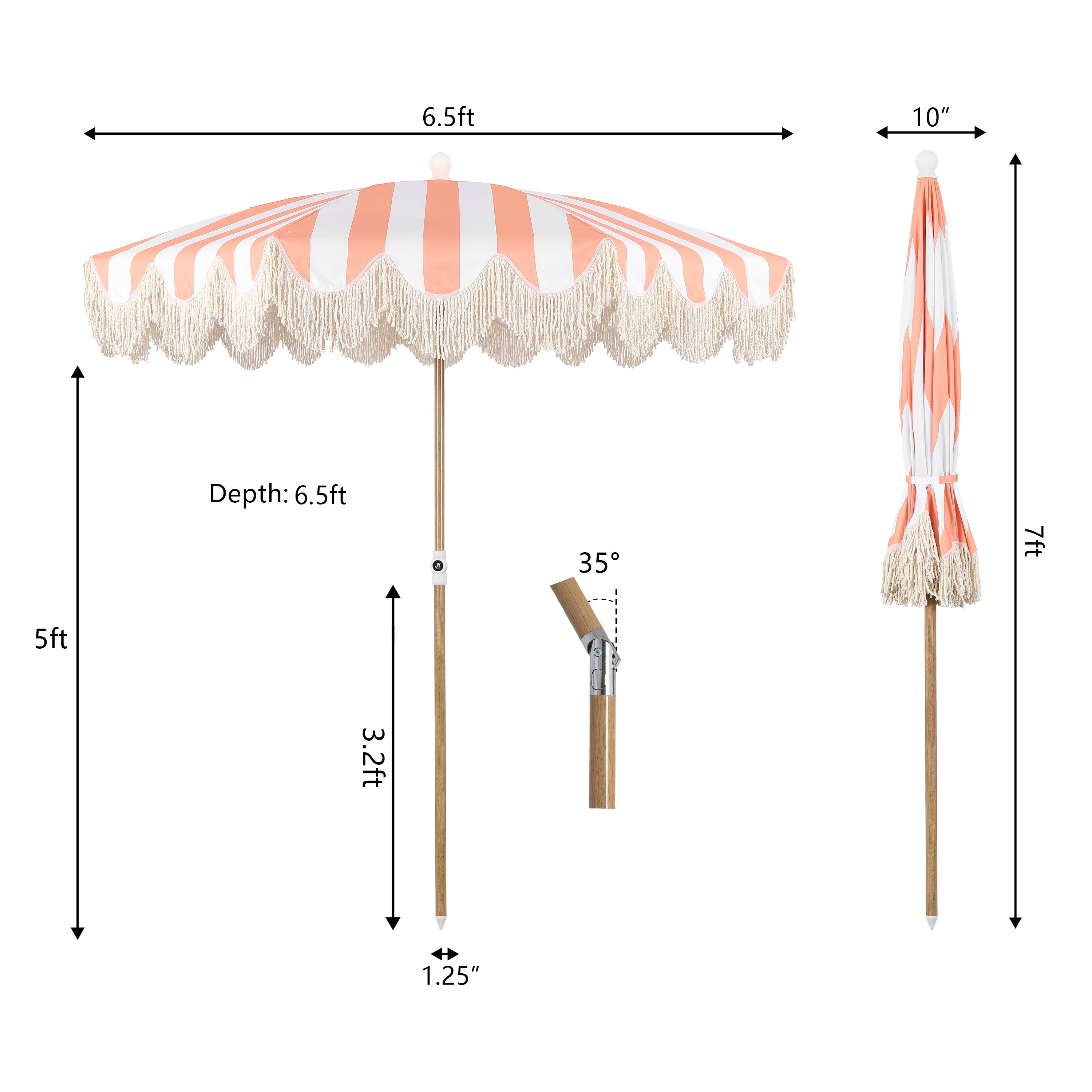 Mariner 6.5 ft. Classic Cottage Fringe Tassel Market Beach Umbrella with Push Button Tilt