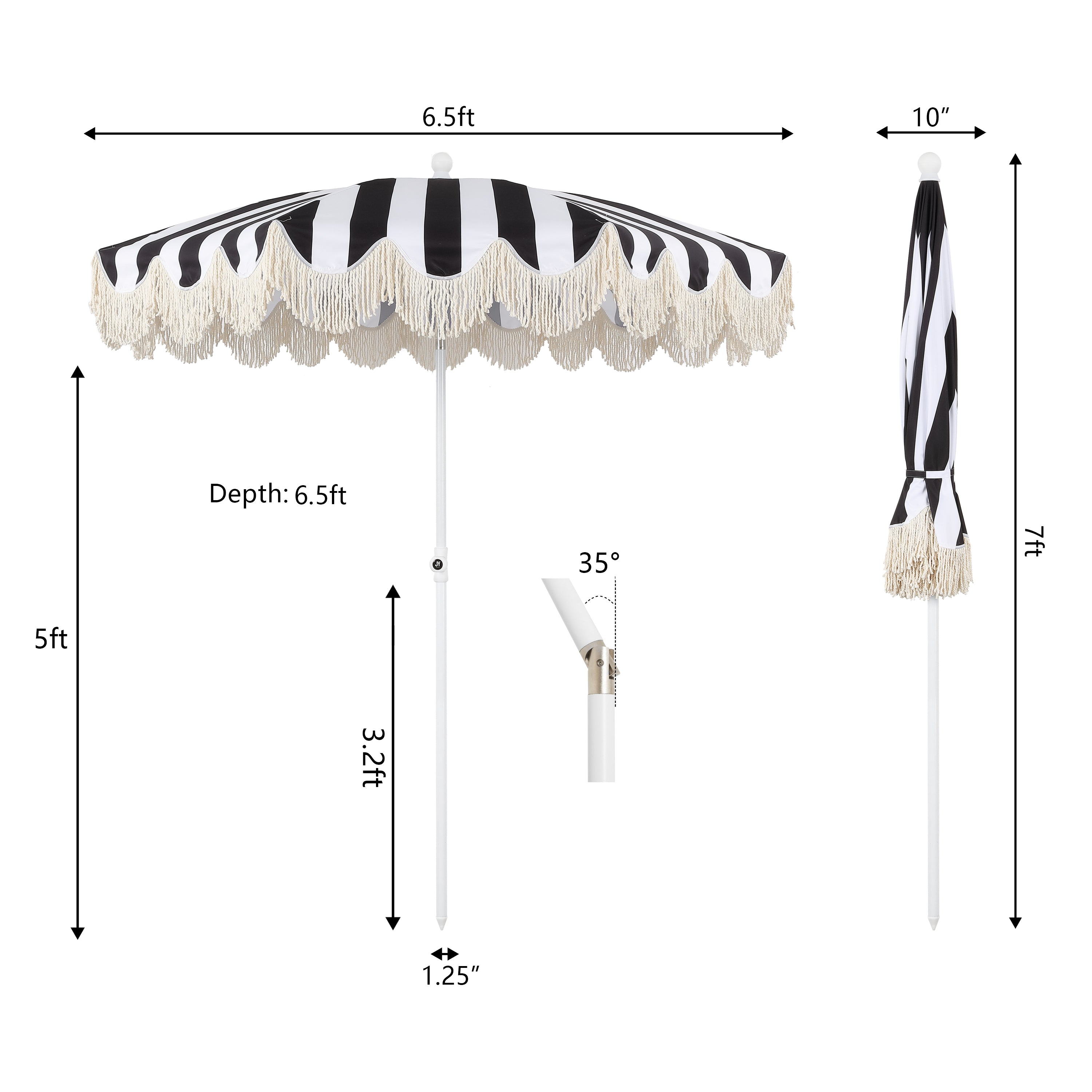 Mariner 6.5 ft. Classic Cottage Fringe Tassel Market Beach Umbrella with Push Button Tilt
