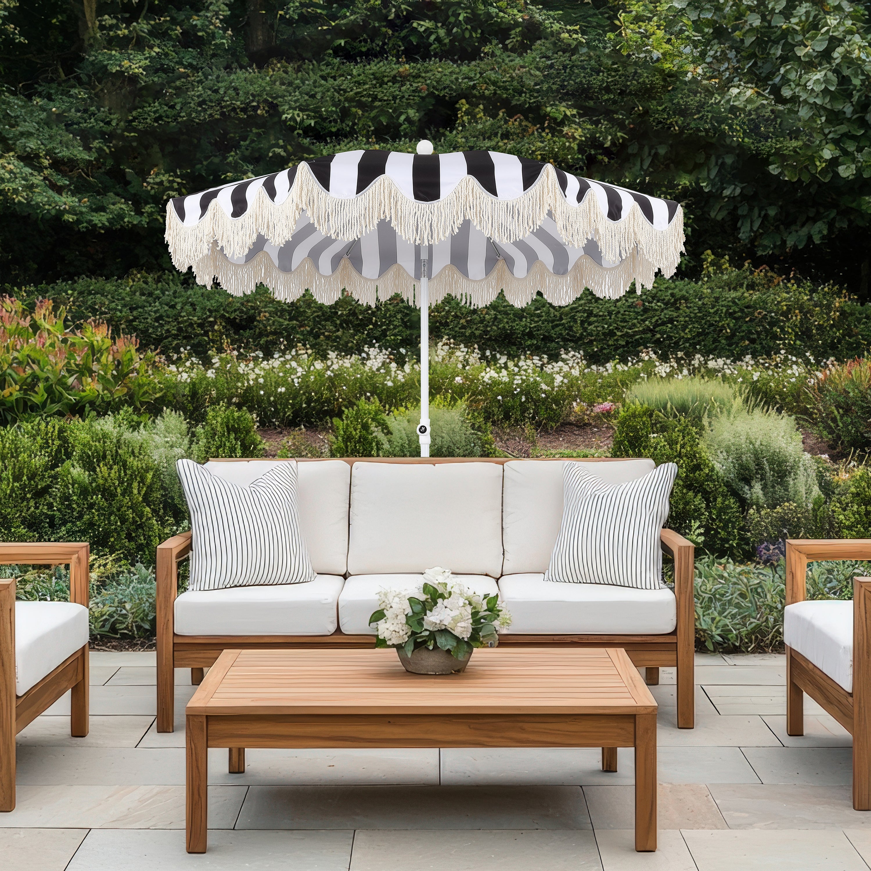 Mariner 6.5 ft. Classic Cottage Fringe Tassel Market Beach Umbrella with Push Button Tilt