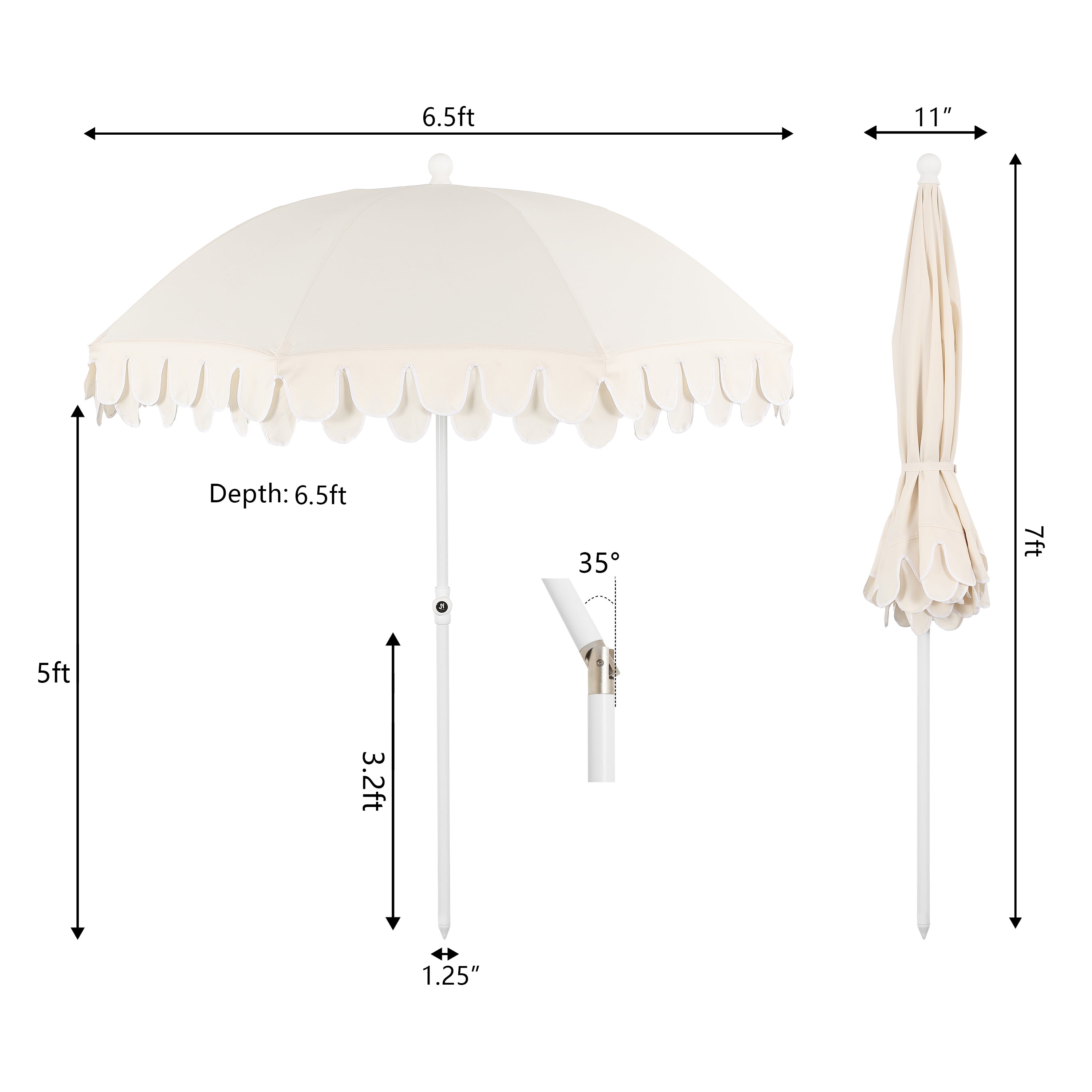 Horizon 6.5 ft. Classic MidCentury Scalloped Fringe Market Beach Umbrella with Push-Button Tilt