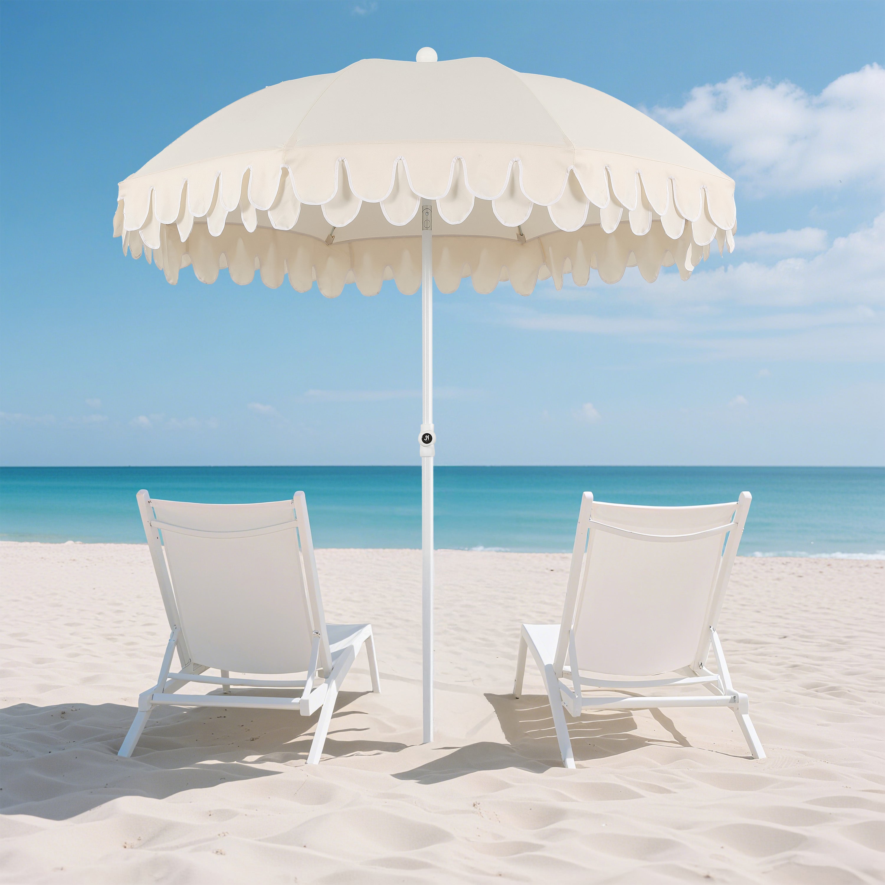 Horizon 6.5 ft. Classic MidCentury Scalloped Fringe Market Beach Umbrella with Push-Button Tilt
