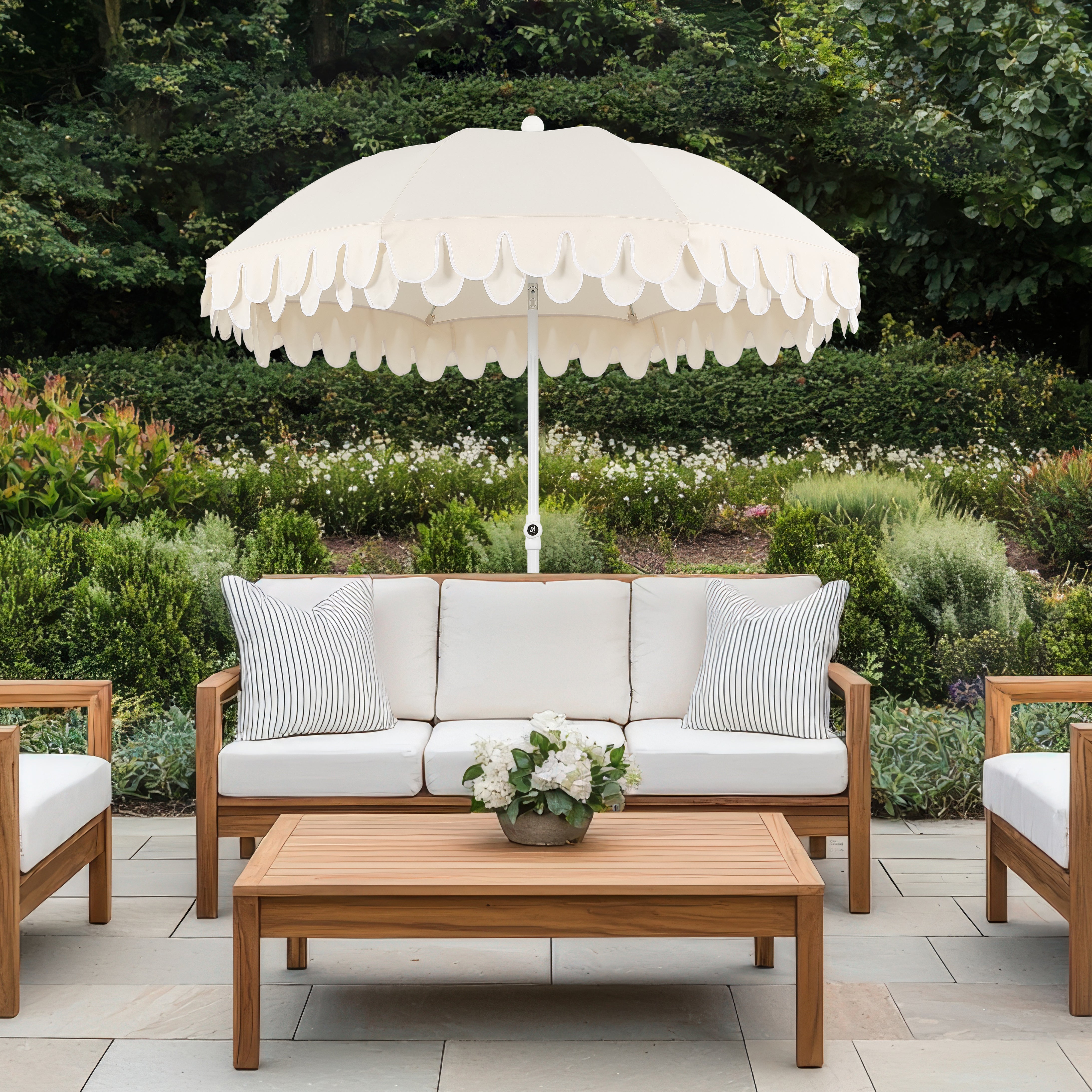 Horizon 6.5 ft. Classic MidCentury Scalloped Fringe Market Beach Umbrella with Push-Button Tilt