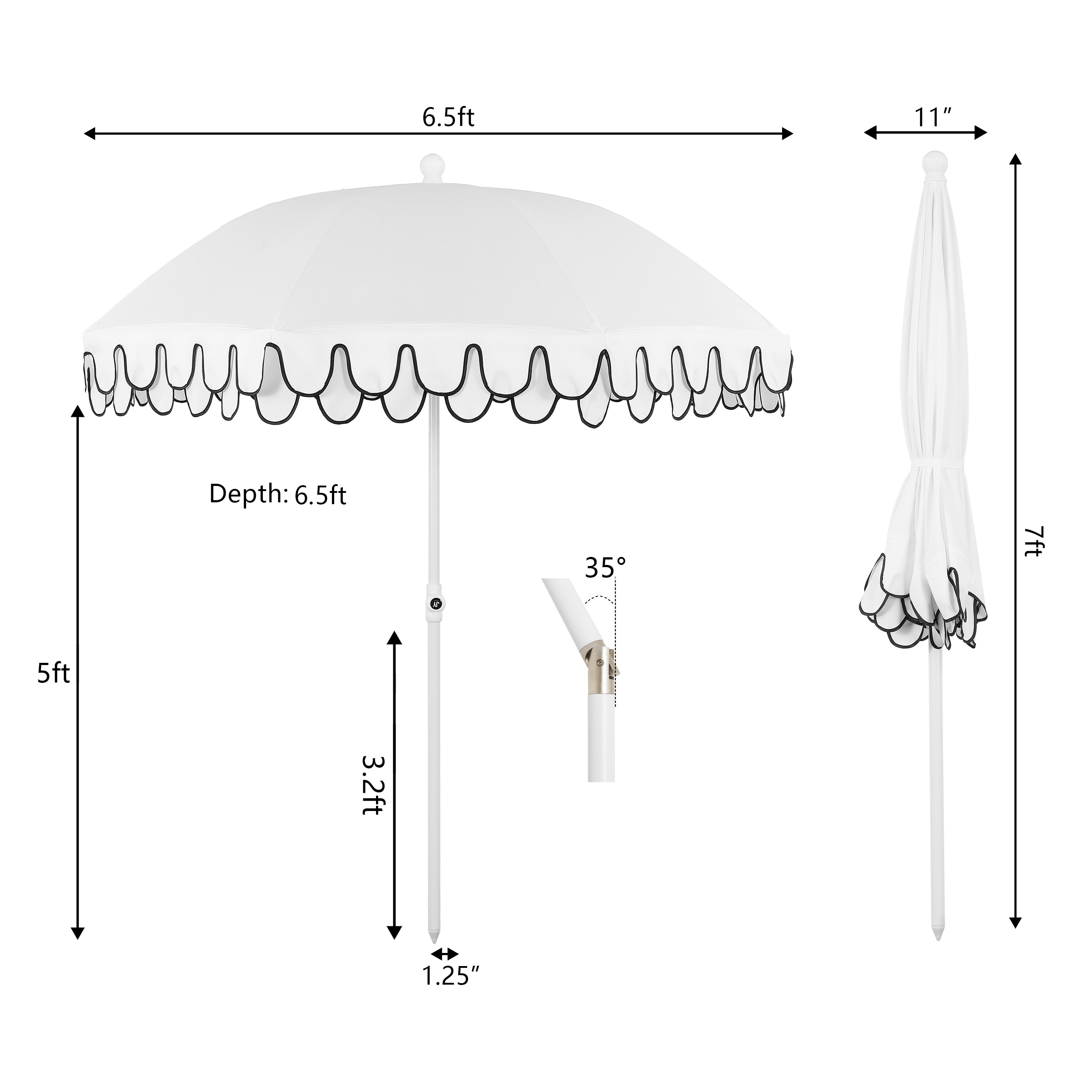 Horizon 6.5 ft. Classic MidCentury Scalloped Fringe Market Beach Umbrella with Push-Button Tilt