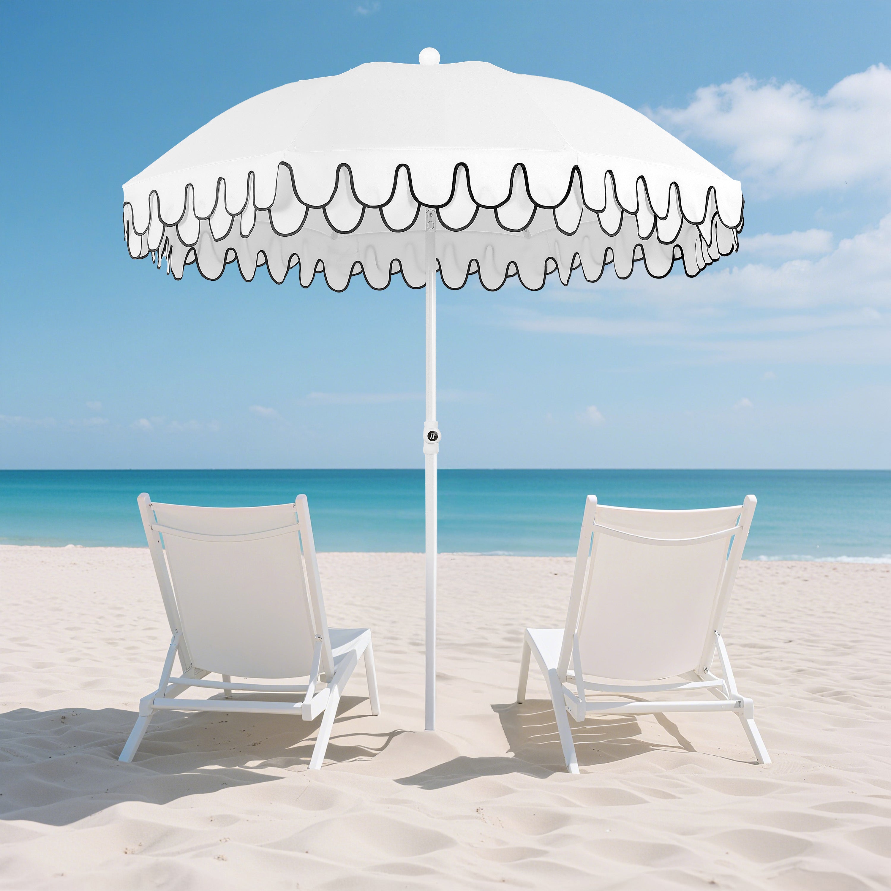 Horizon 6.5 ft. Classic MidCentury Scalloped Fringe Market Beach Umbrella with Push-Button Tilt