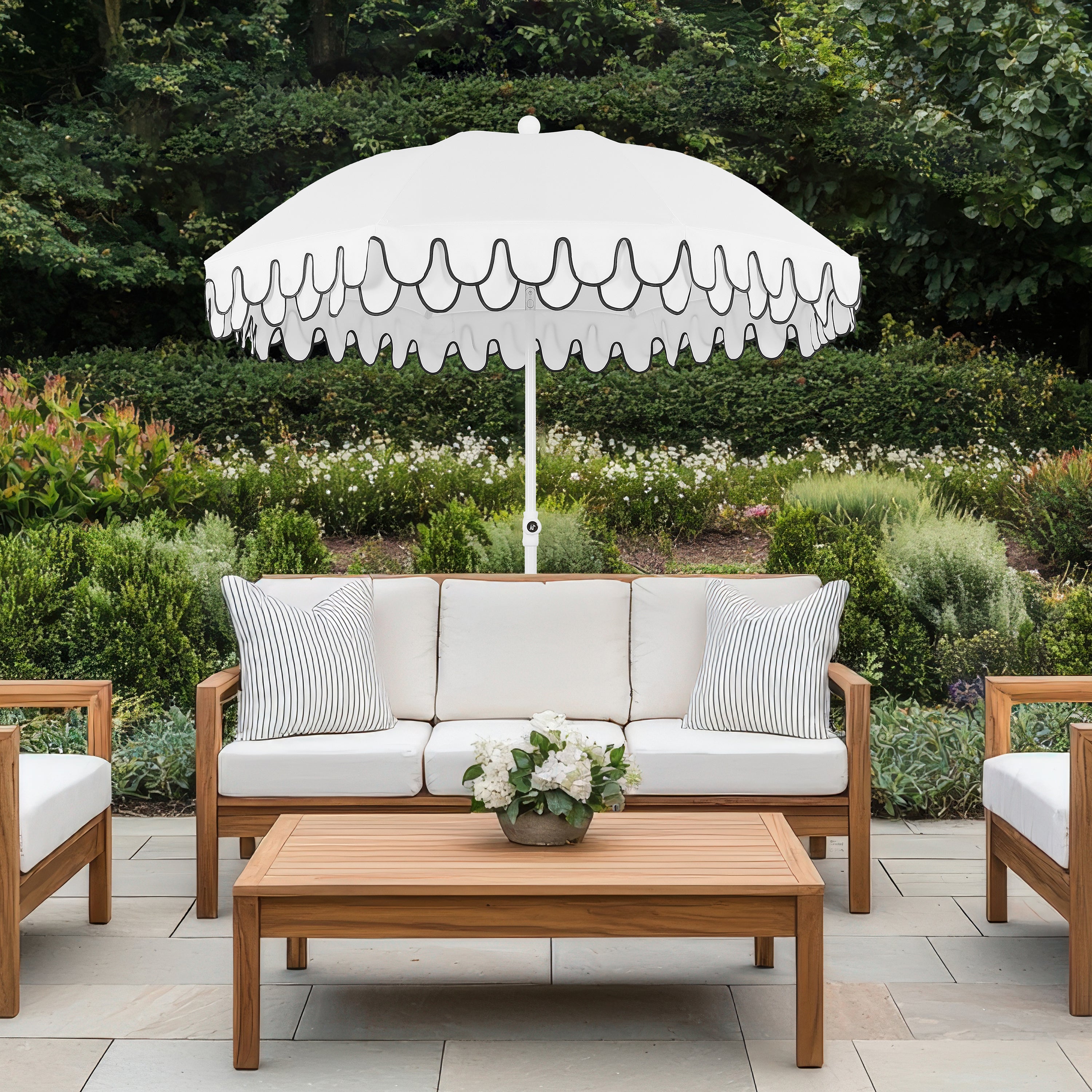 Horizon 6.5 ft. Classic MidCentury Scalloped Fringe Market Beach Umbrella with Push-Button Tilt