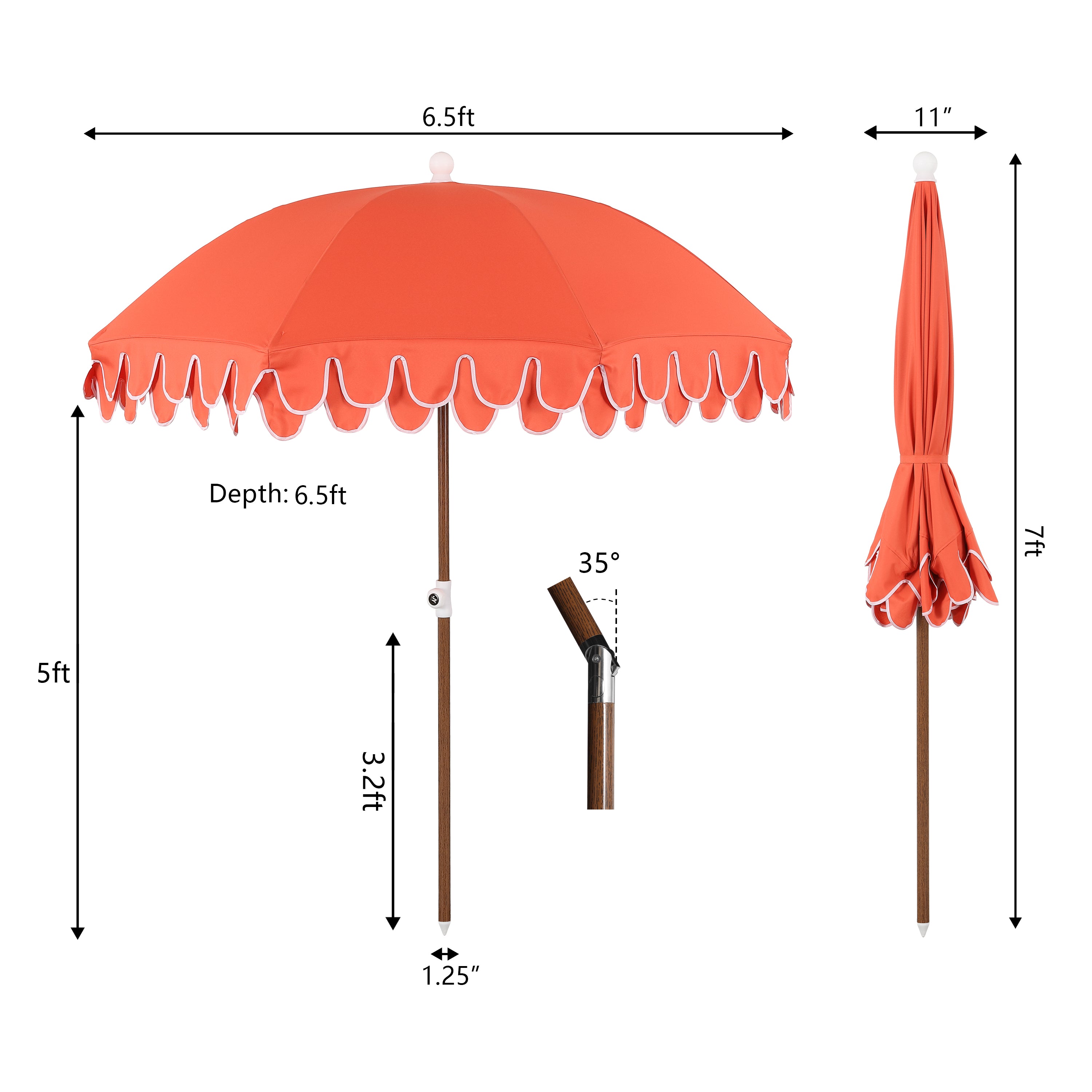 Horizon 6.5 ft. Classic MidCentury Scalloped Fringe Market Beach Umbrella with Push-Button Tilt
