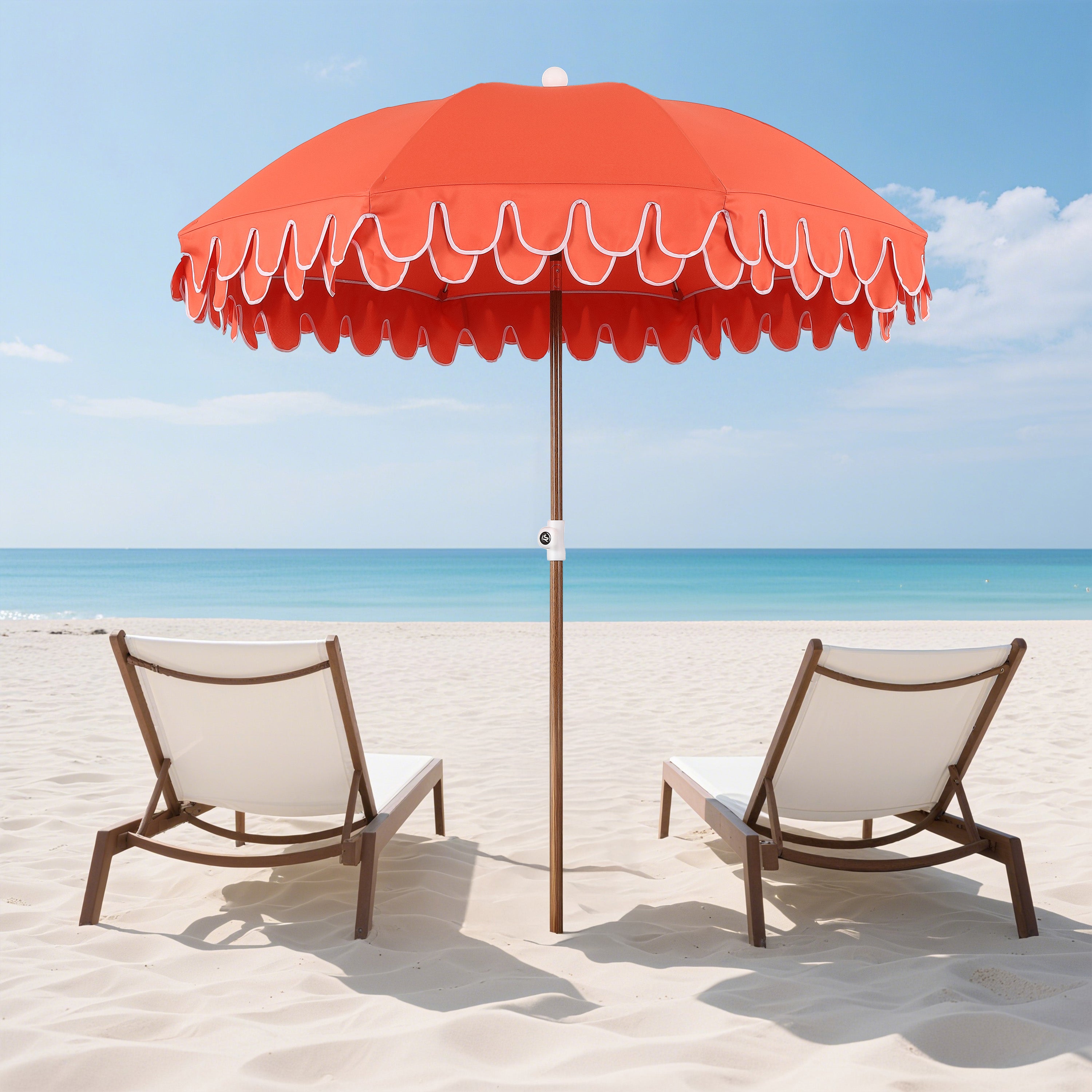 Horizon 6.5 ft. Classic MidCentury Scalloped Fringe Market Beach Umbrella with Push-Button Tilt