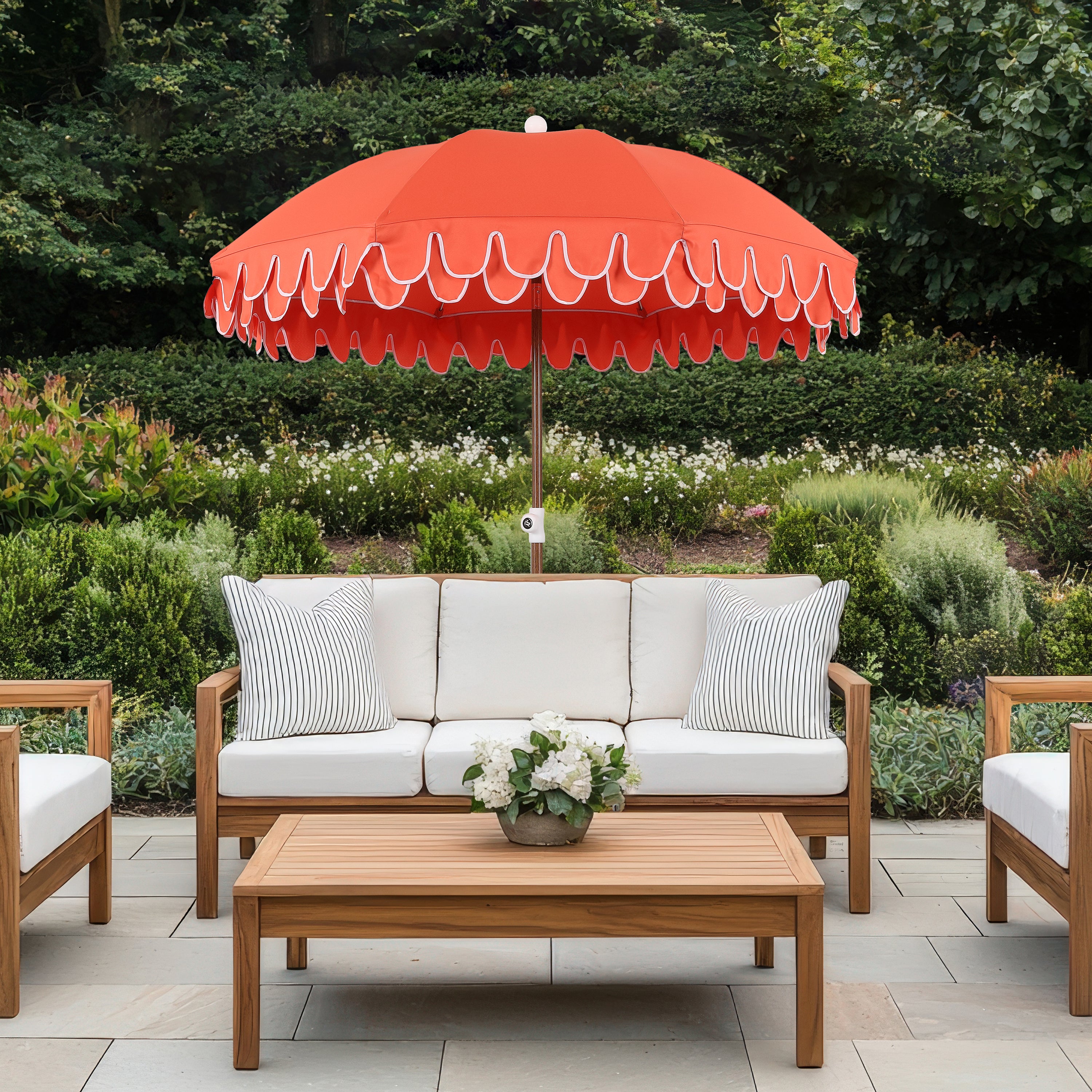 Horizon 6.5 ft. Classic MidCentury Scalloped Fringe Market Beach Umbrella with Push-Button Tilt