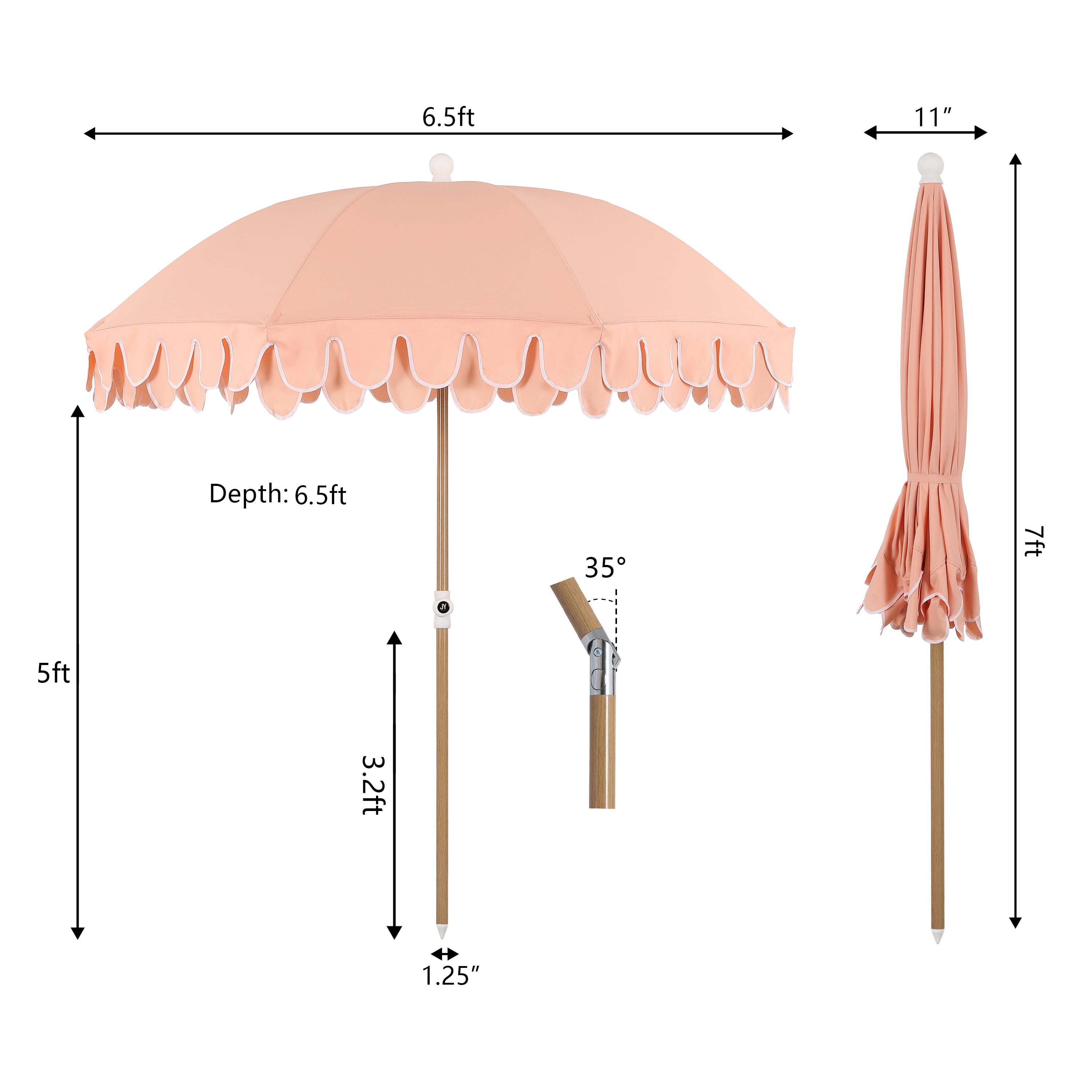 Horizon 6.5 ft. Classic MidCentury Scalloped Fringe Market Beach Umbrella with Push-Button Tilt
