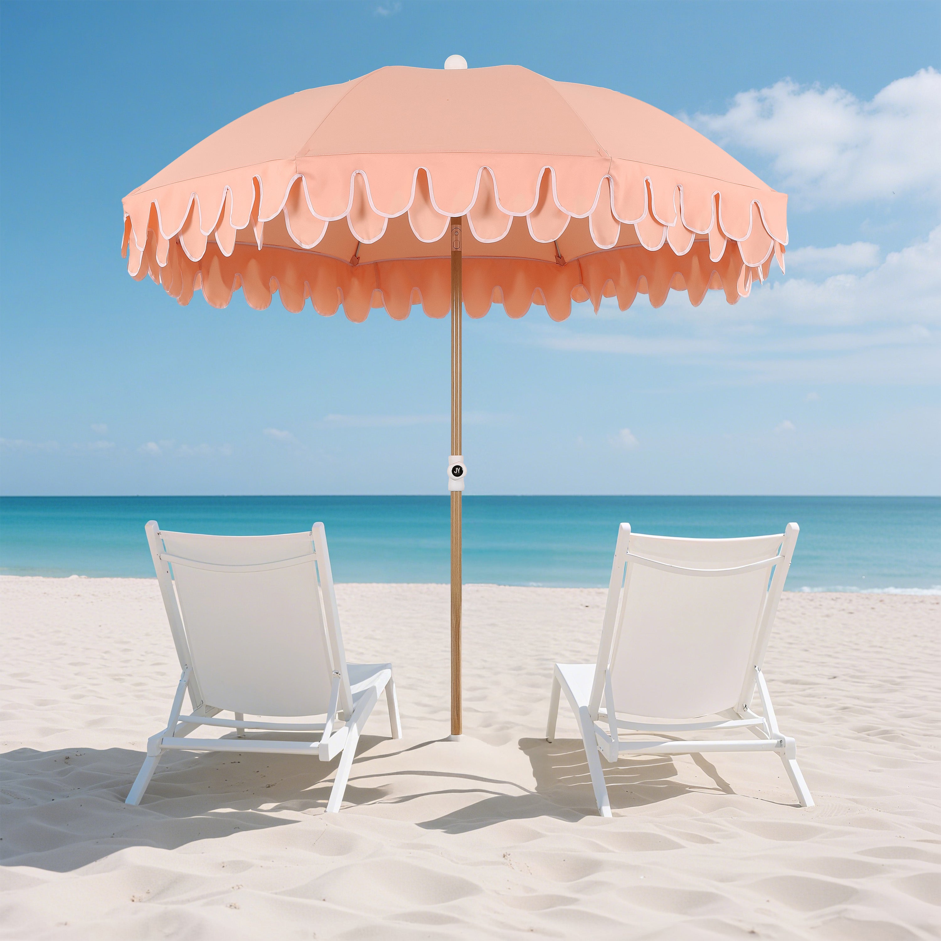 Horizon 6.5 ft. Classic MidCentury Scalloped Fringe Market Beach Umbrella with Push-Button Tilt