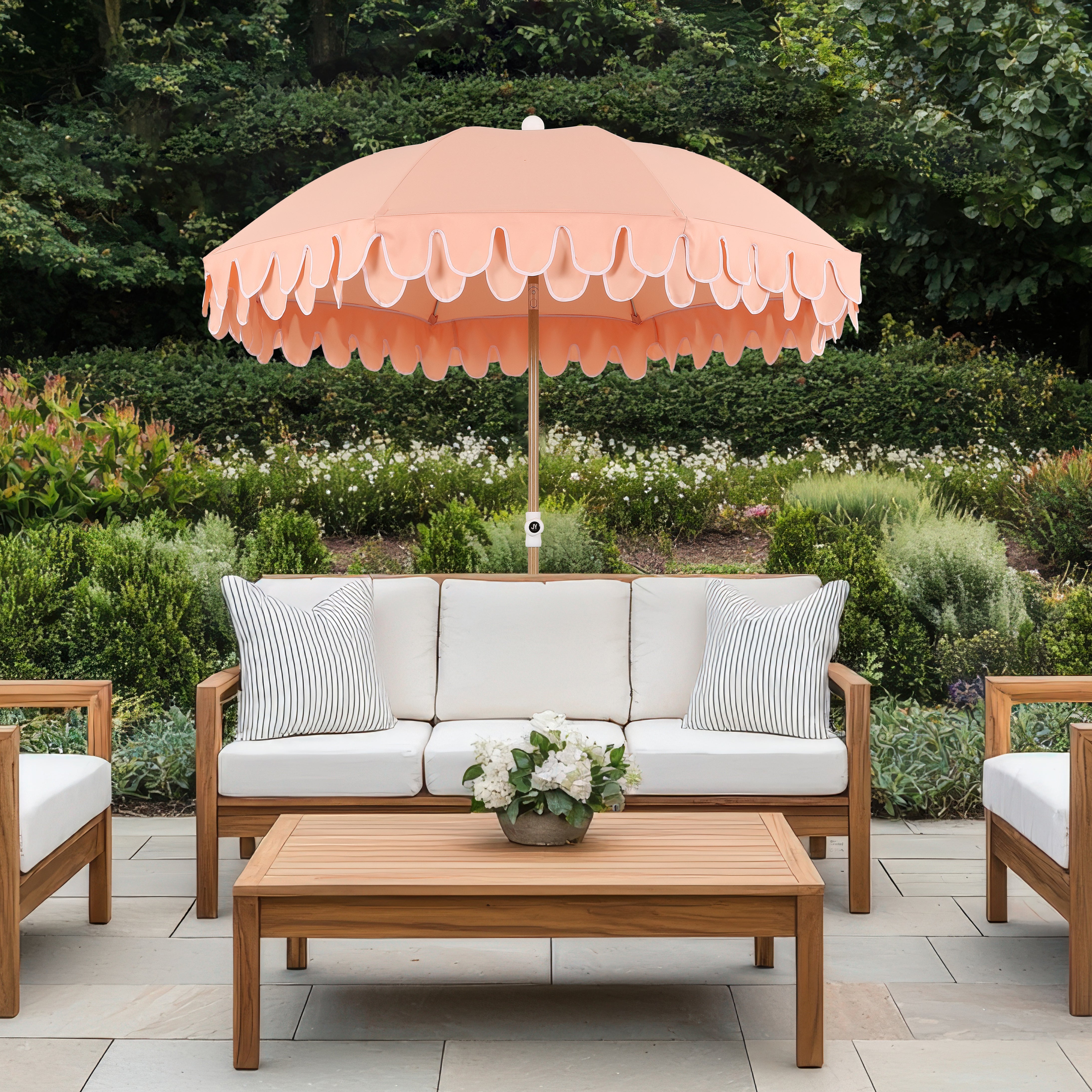 Horizon 6.5 ft. Classic MidCentury Scalloped Fringe Market Beach Umbrella with Push-Button Tilt