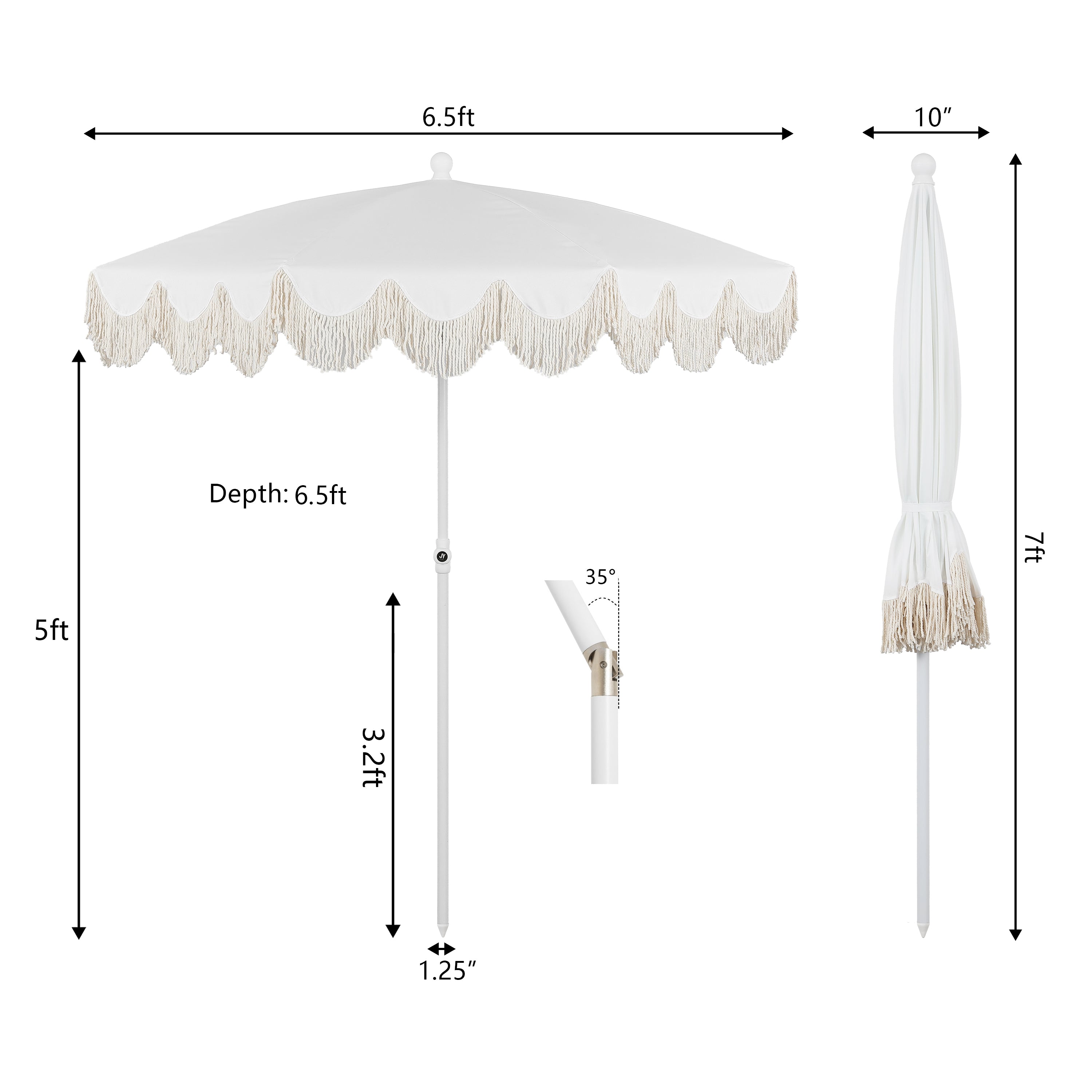 Mariner 6.5 ft. Classic Cottage Fringe Tassel Market Beach Umbrella with Push Button Tilt
