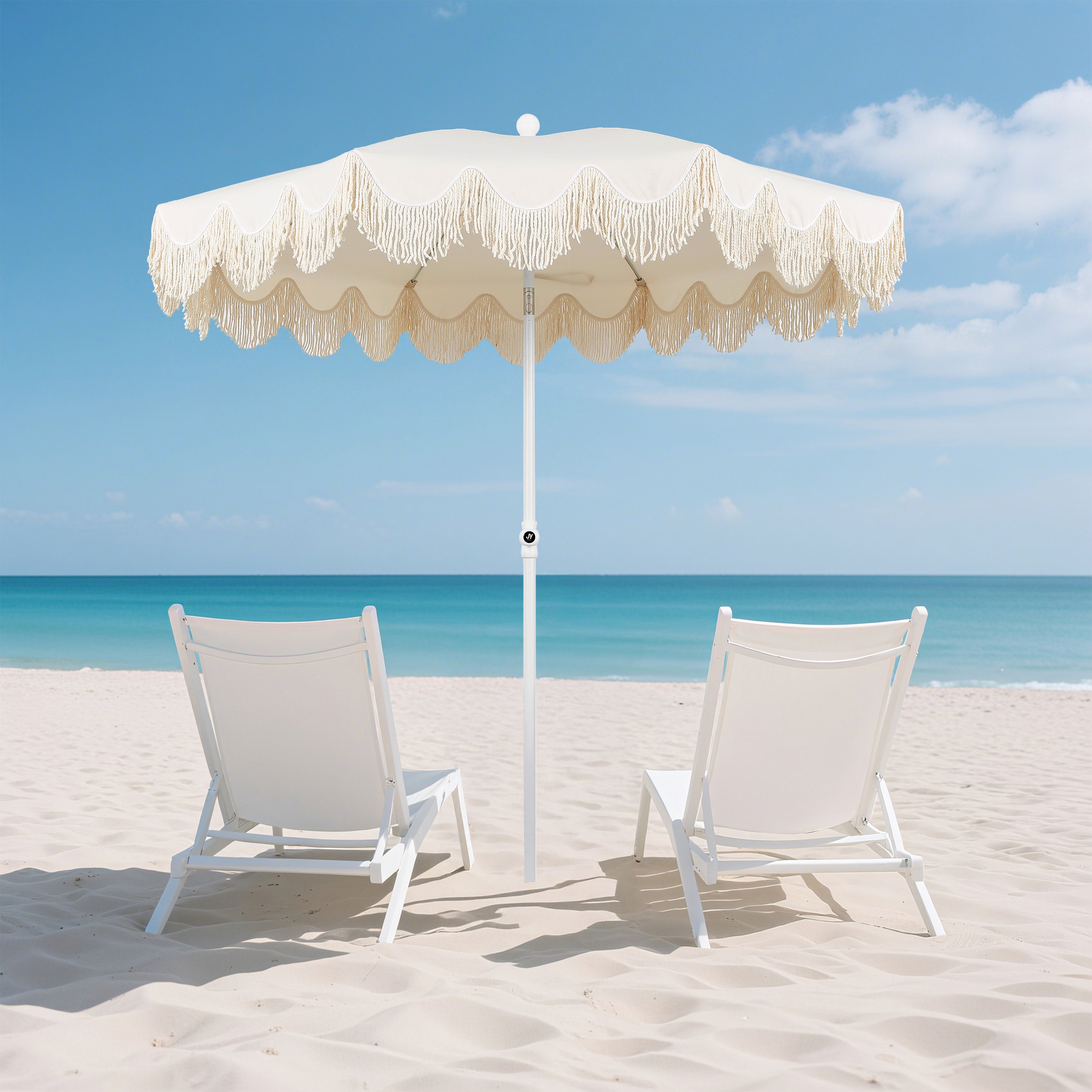 Mariner 6.5 ft. Classic Cottage Fringe Tassel Market Beach Umbrella with Push Button Tilt