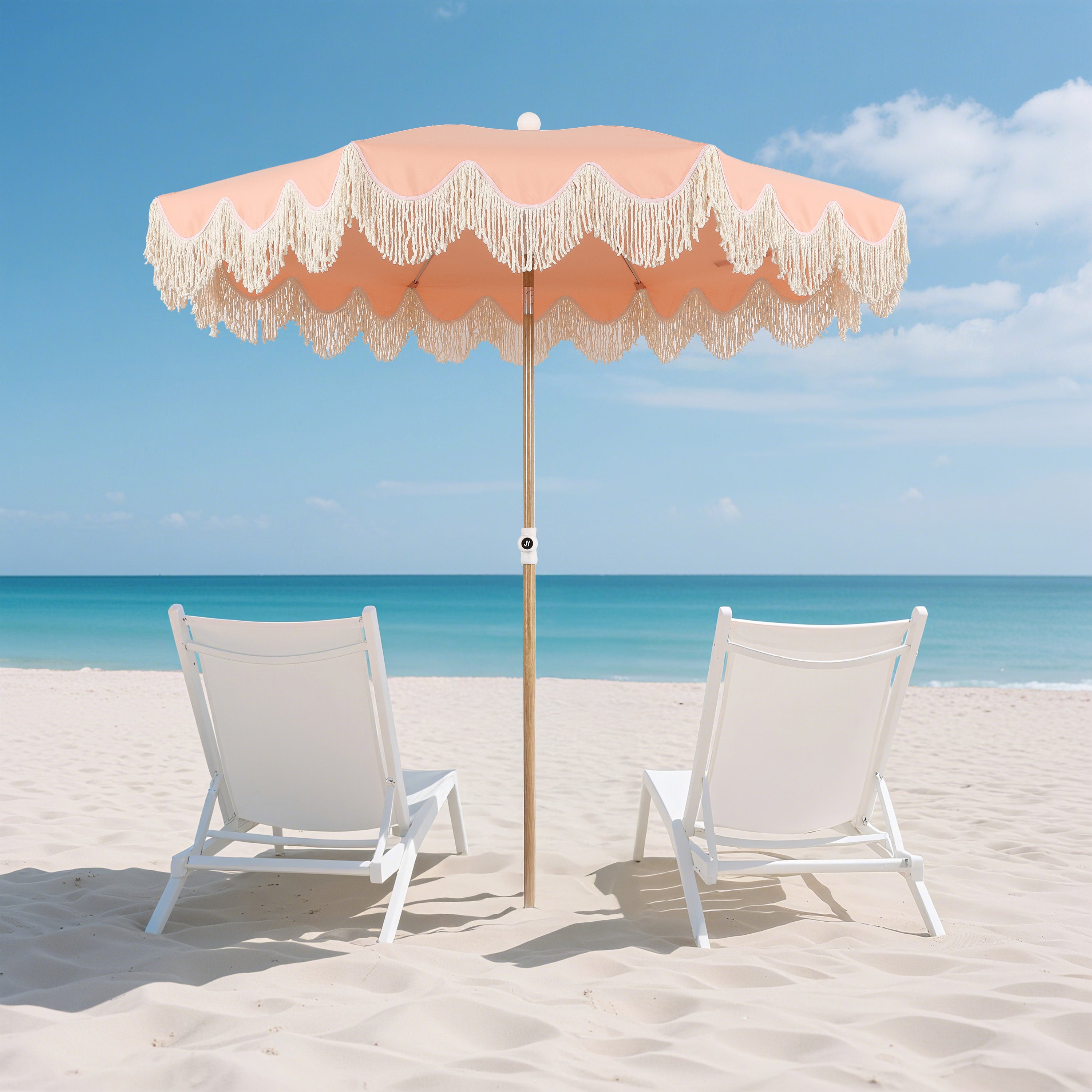 Mariner 6.5 ft. Classic Cottage Fringe Tassel Market Beach Umbrella with Push Button Tilt