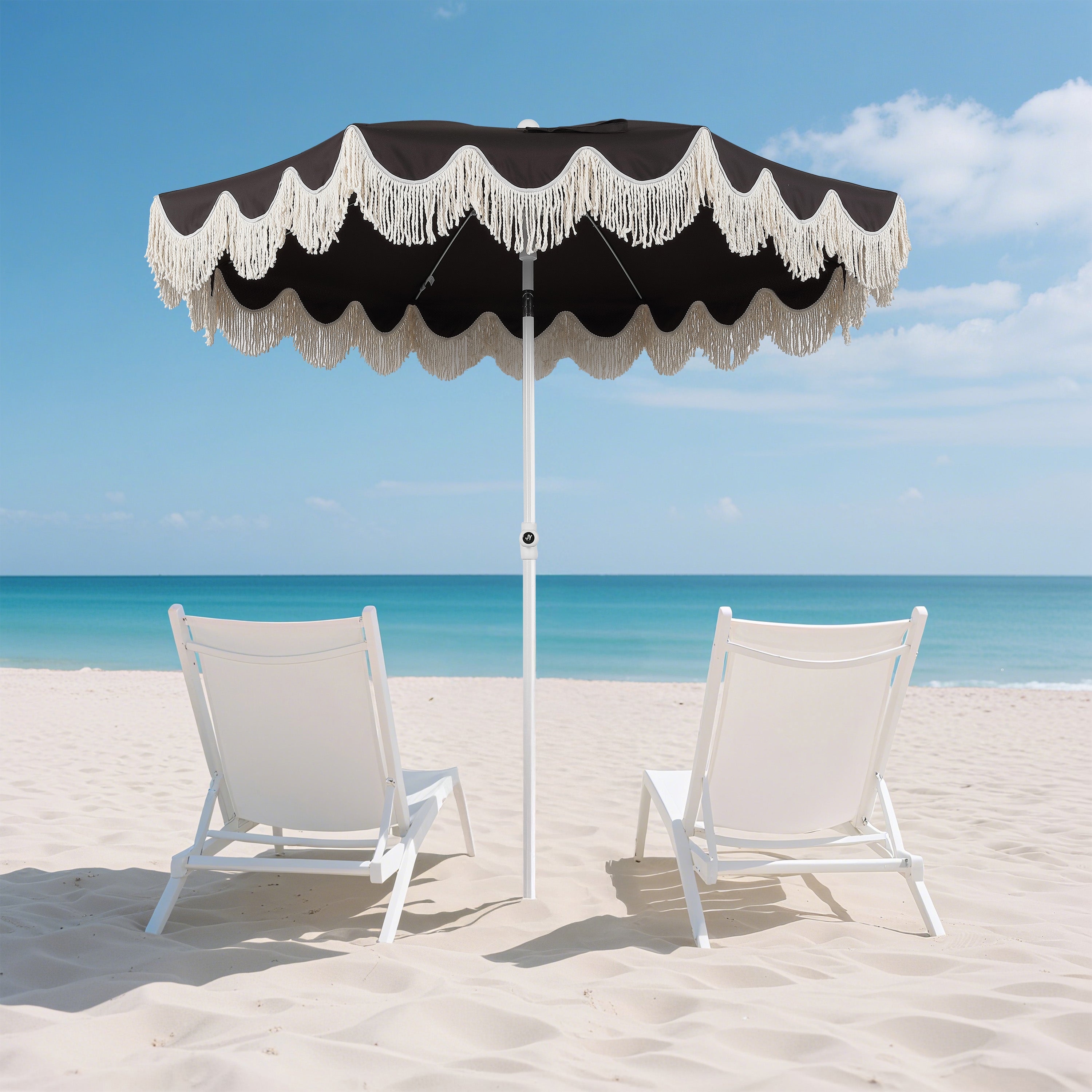 Mariner 6.5 ft. Classic Cottage Fringe Tassel Market Beach Umbrella with Push Button Tilt