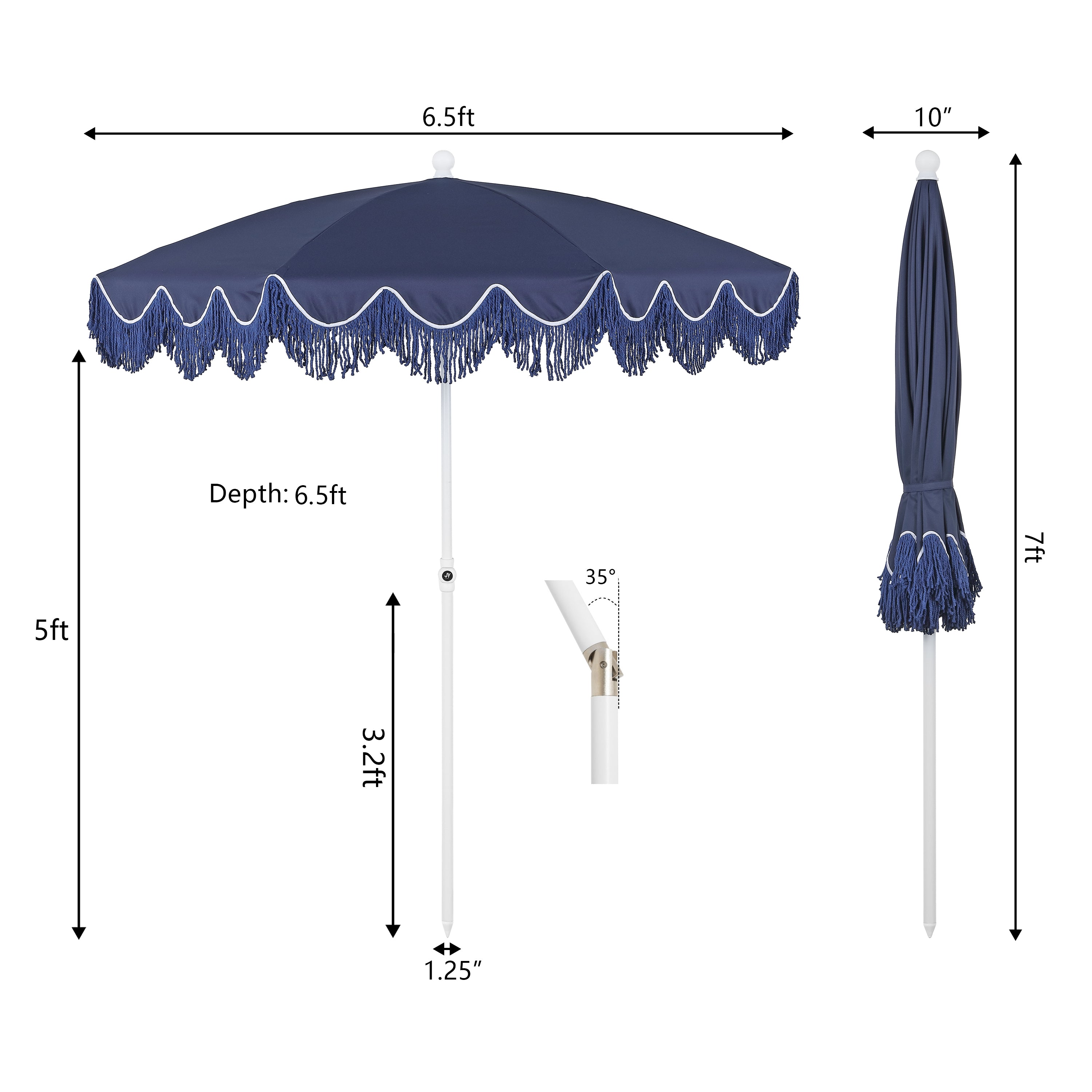 Mariner 6.5 ft. Classic Cottage Fringe Tassel Market Beach Umbrella with Push Button Tilt
