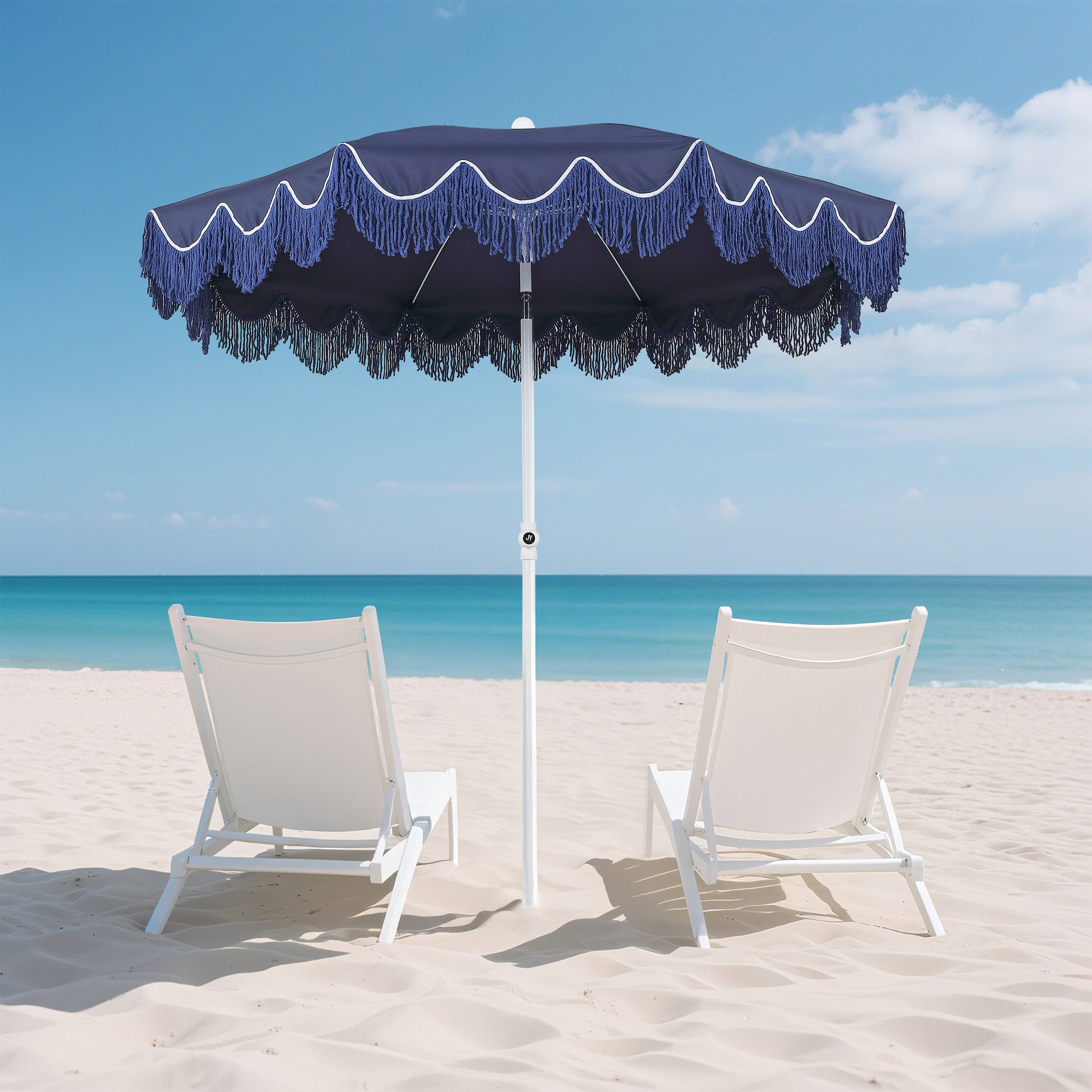 Mariner 6.5 ft. Classic Cottage Fringe Tassel Market Beach Umbrella with Push Button Tilt