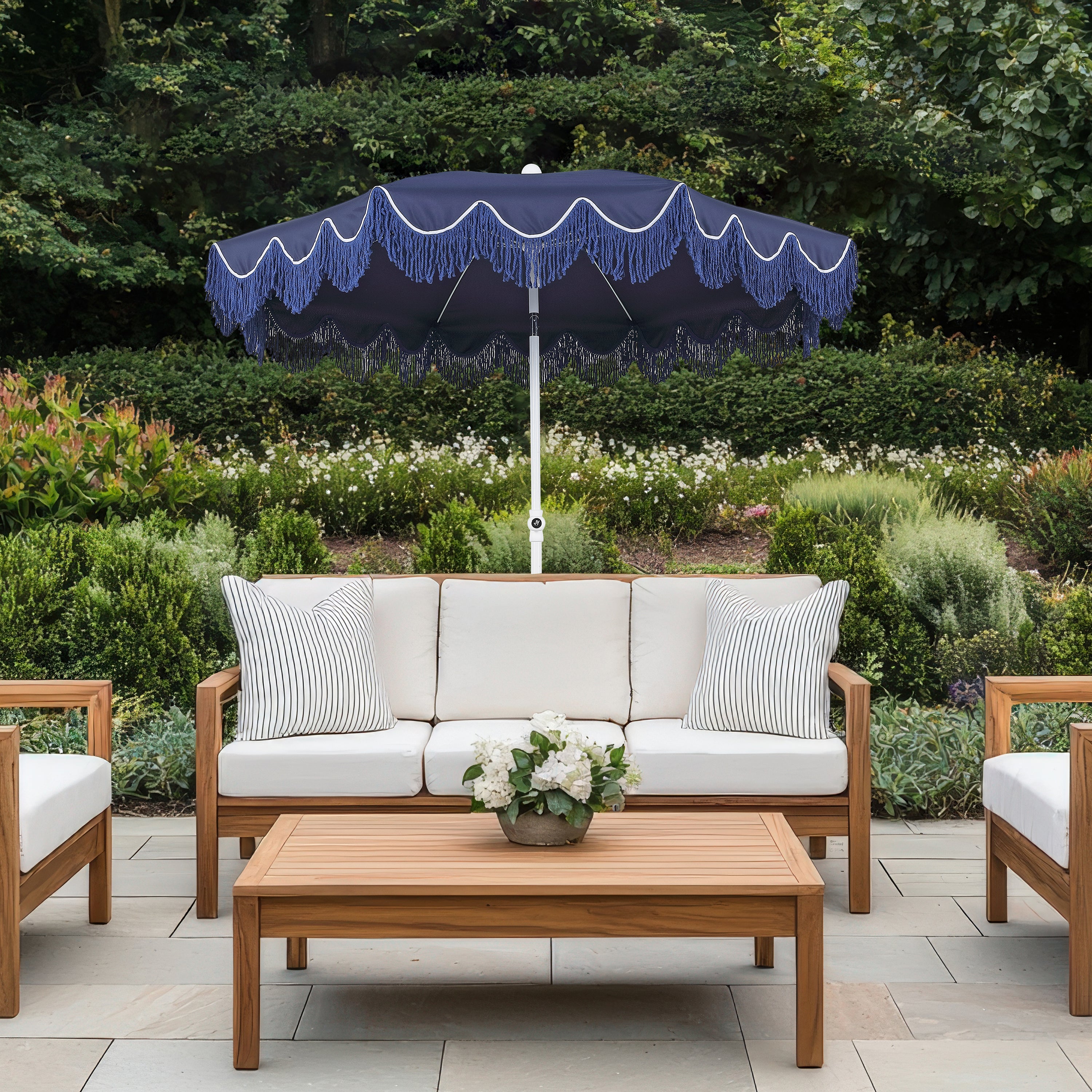 Mariner 6.5 ft. Classic Cottage Fringe Tassel Market Beach Umbrella with Push Button Tilt