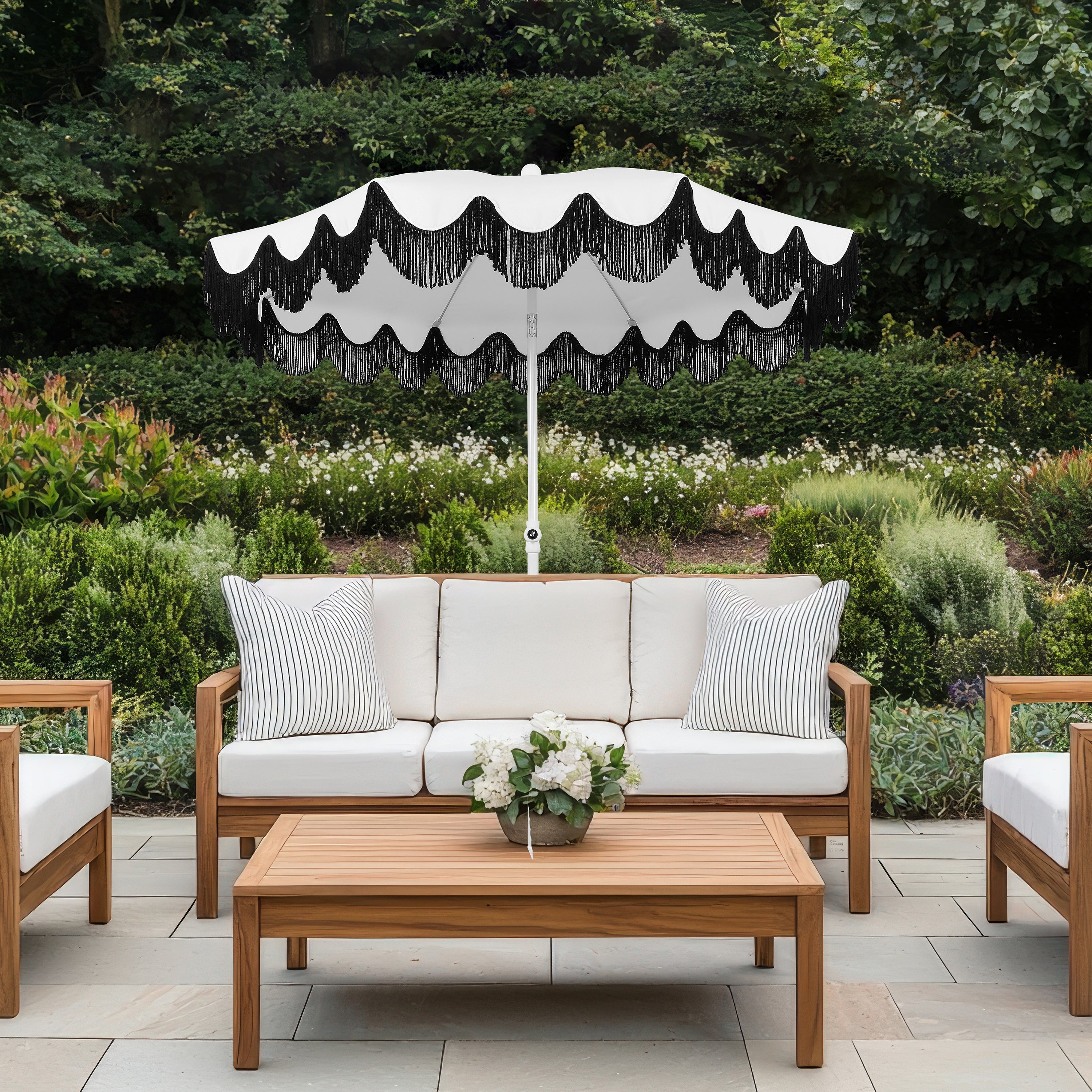 Mariner 6.5 ft. Classic Cottage Fringe Tassel Market Beach Umbrella with Push Button Tilt