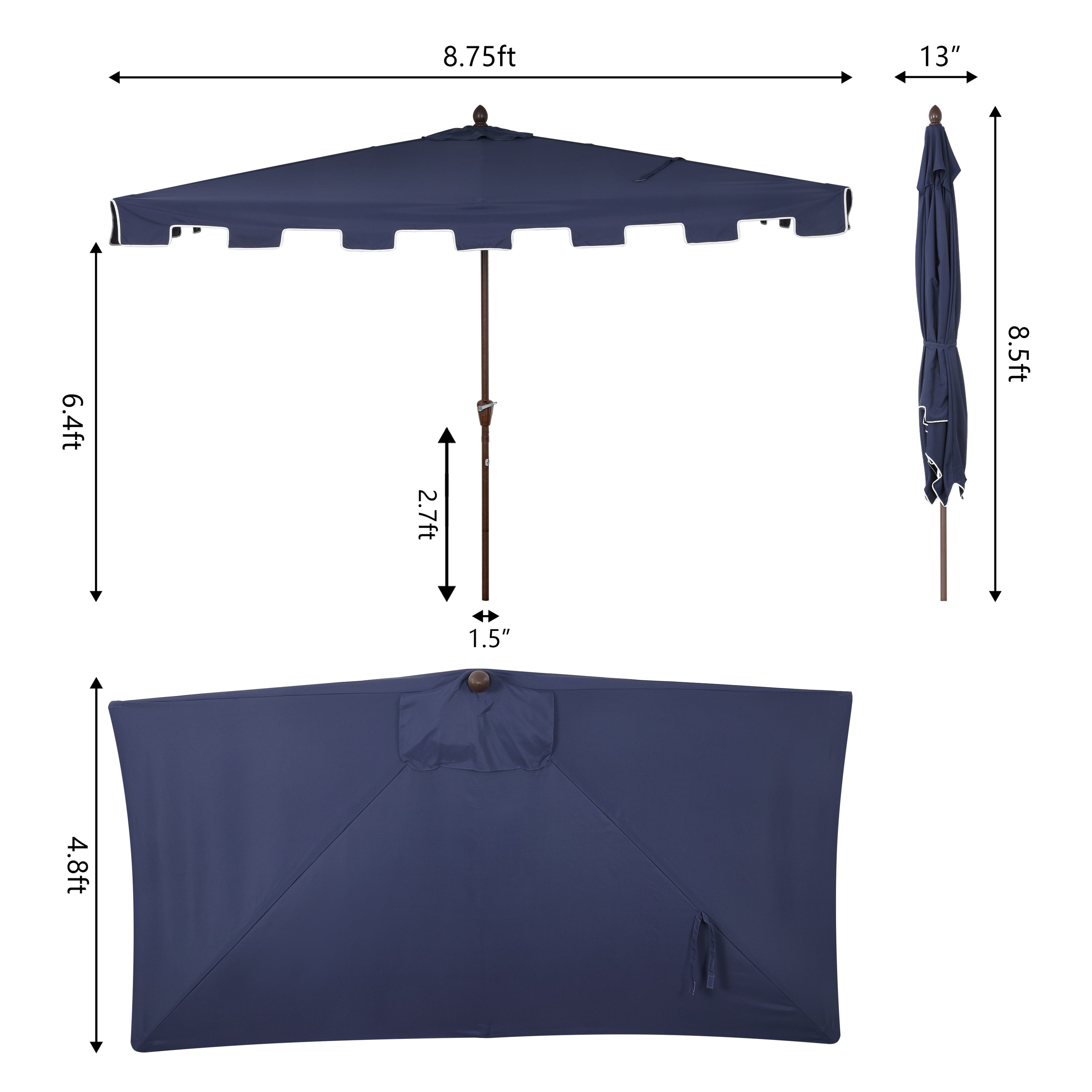 Sidney Classic MidCentury Rectangular Half Market Patio Umbrella with Crank