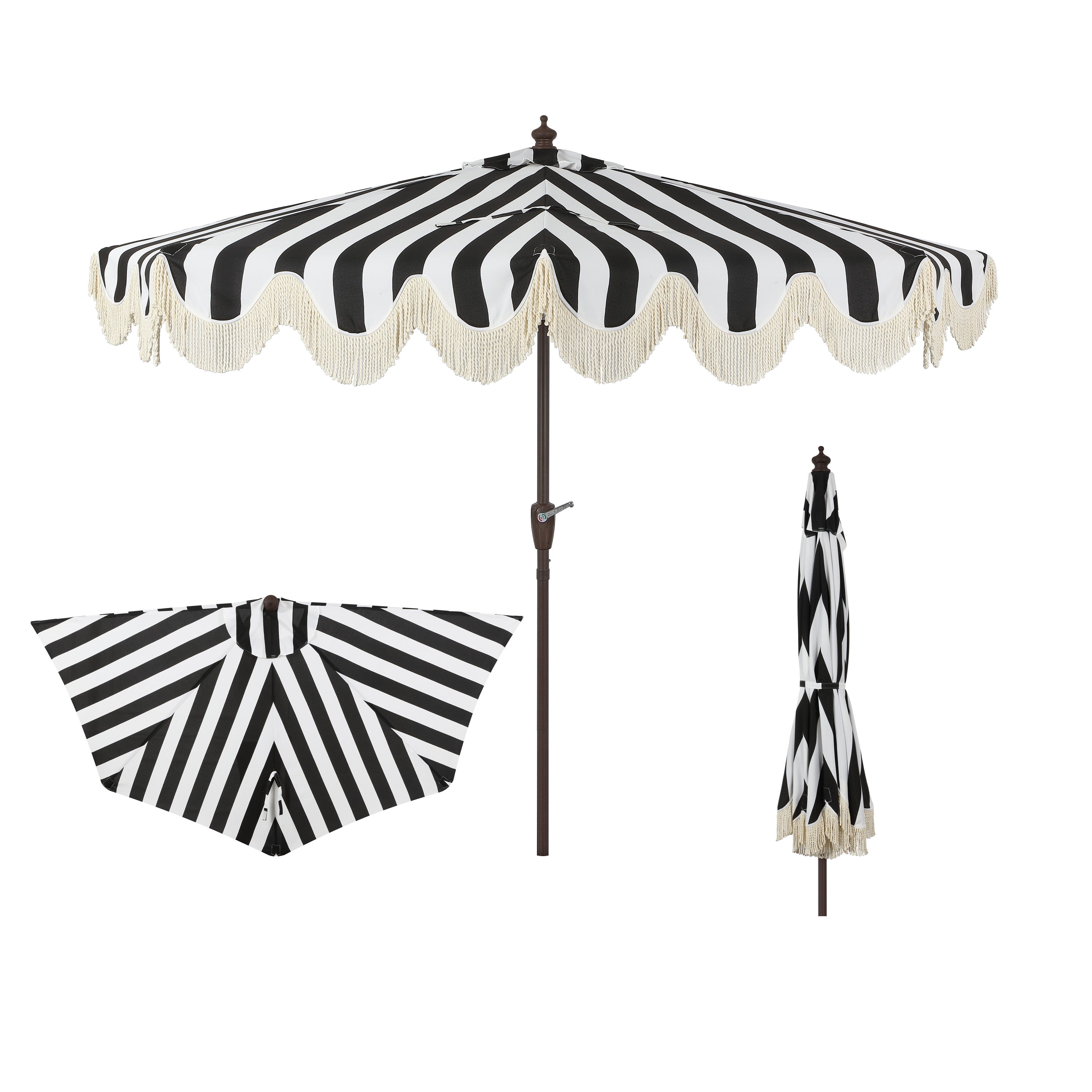 cantilever patio umbrella pier one JONATHAN Y Designs Beverly 9 ft. Designer Classic Scalloped Fringe Half Market Patio Umbrella with Crank