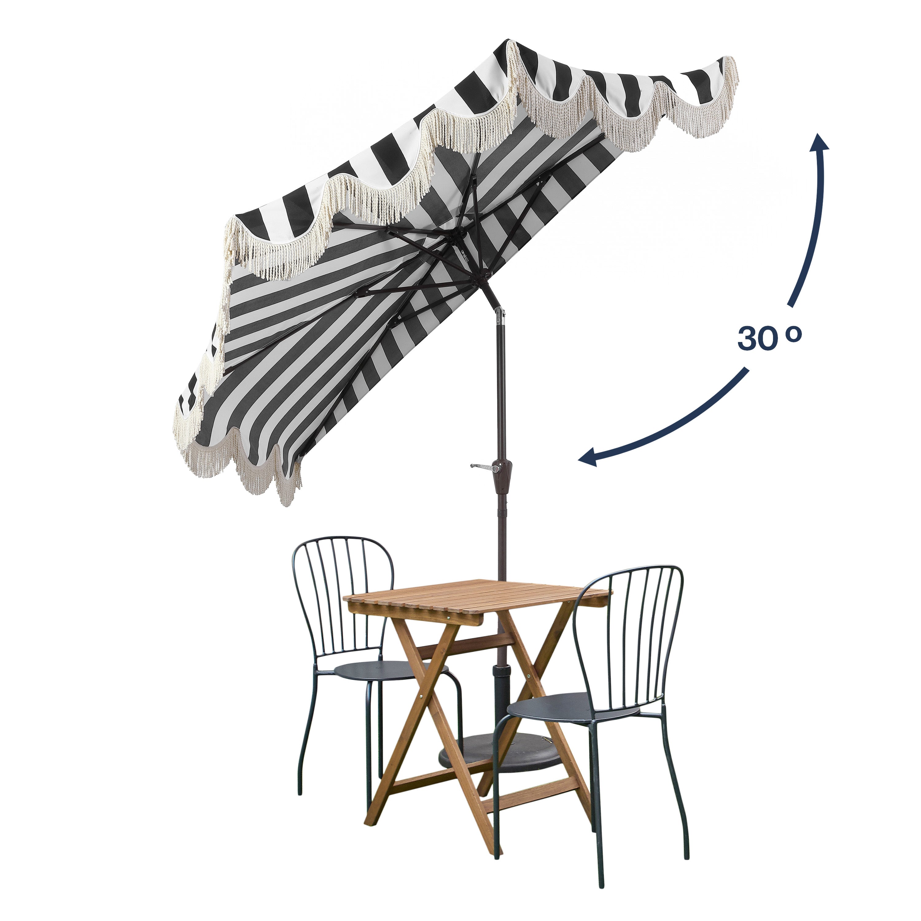 Beverly Stripe Designer Classic Scalloped Fringe Half Market Patio Umbrella with Crank