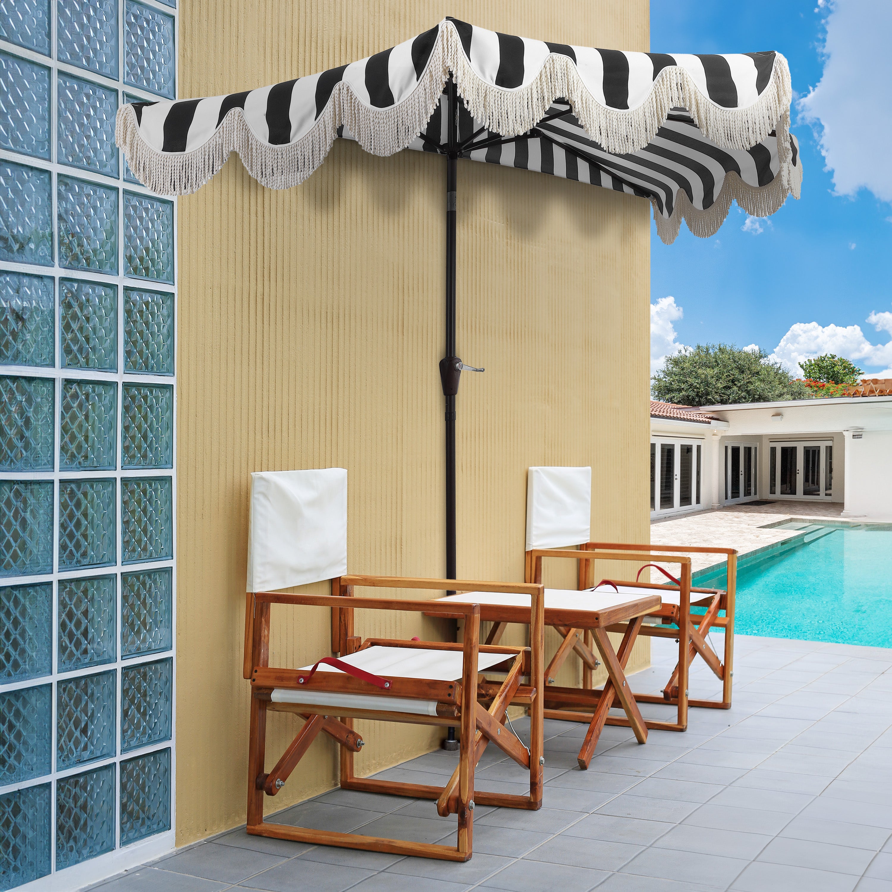 Beverly Stripe Designer Classic Scalloped Fringe Half Market Patio Umbrella with Crank