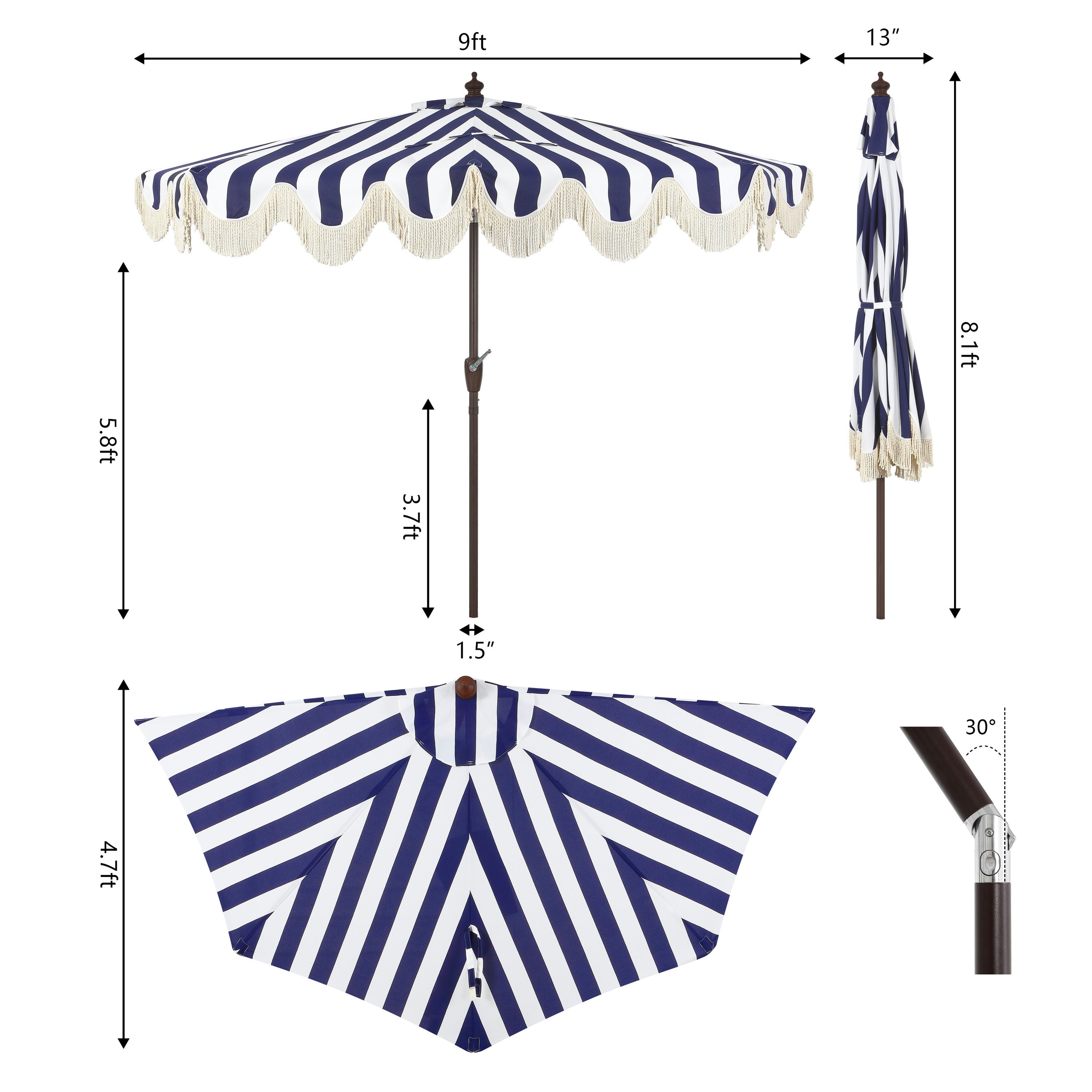 blue and white striped patio umbrella JONATHAN Y Designs Beverly 9 ft. Designer Classic Scalloped Fringe Half Market Patio Umbrella with Crank
