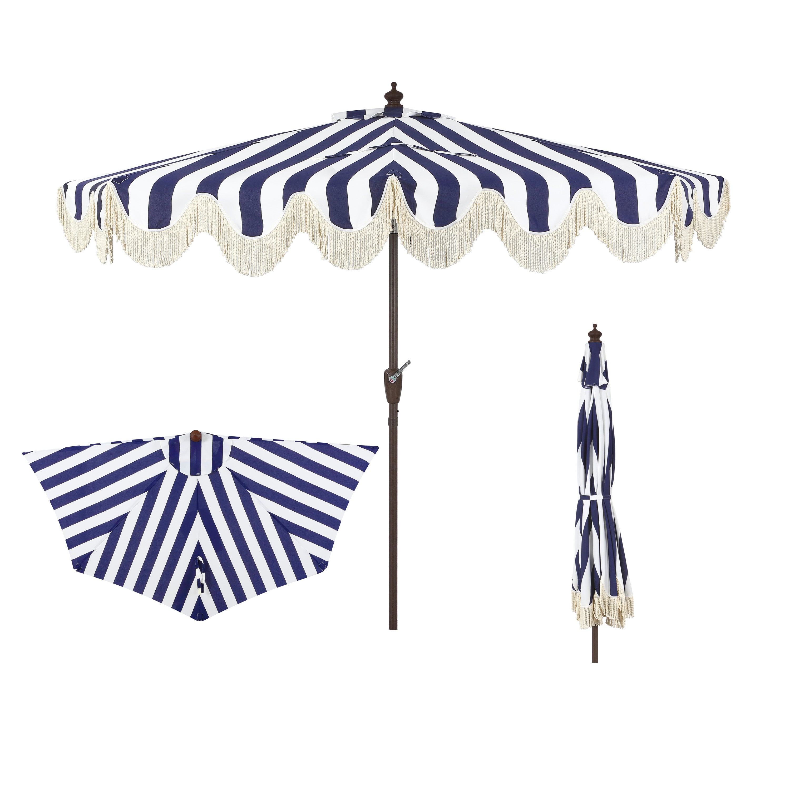 Beverly Stripe Designer Classic Scalloped Fringe Half Market Patio Umbrella with Crank