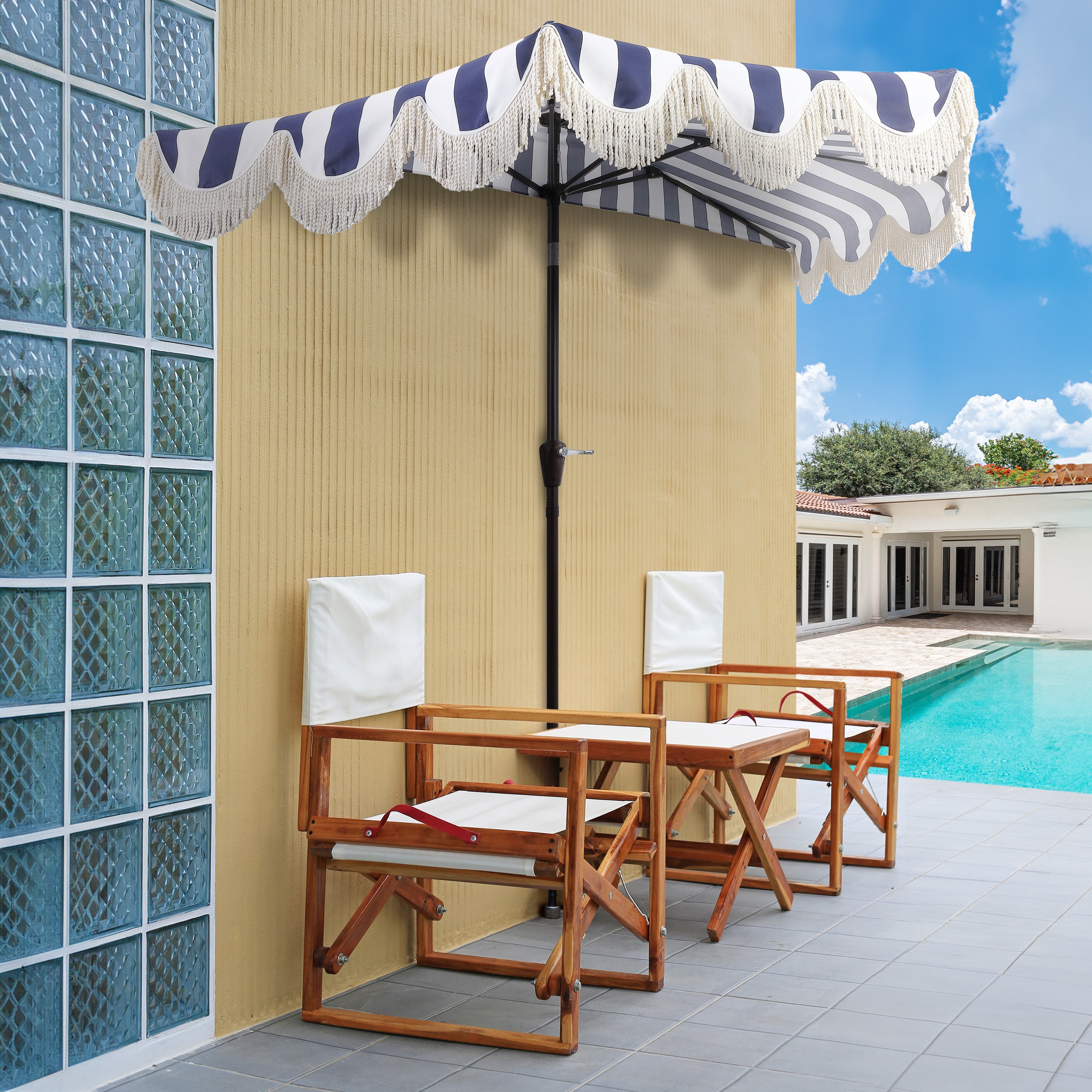 Beverly Stripe Designer Classic Scalloped Fringe Half Market Patio Umbrella with Crank
