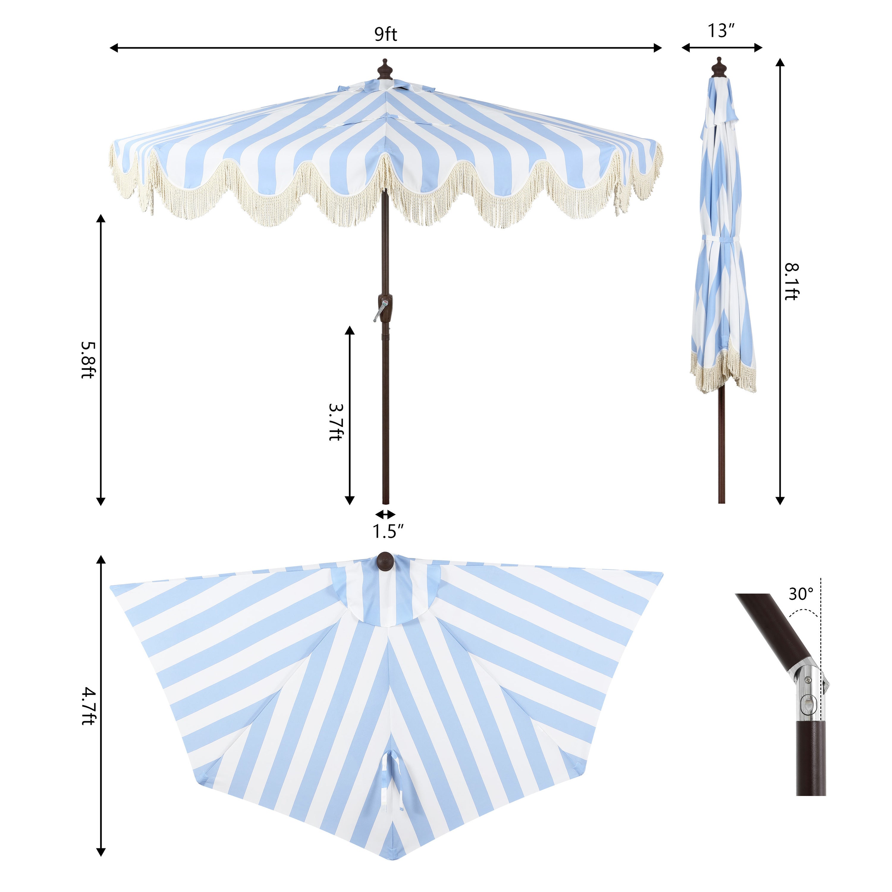 cantilever patio umbrella pier one JONATHAN Y Designs Beverly 9 ft. Designer Classic Scalloped Fringe Half Market Patio Umbrella with Crank