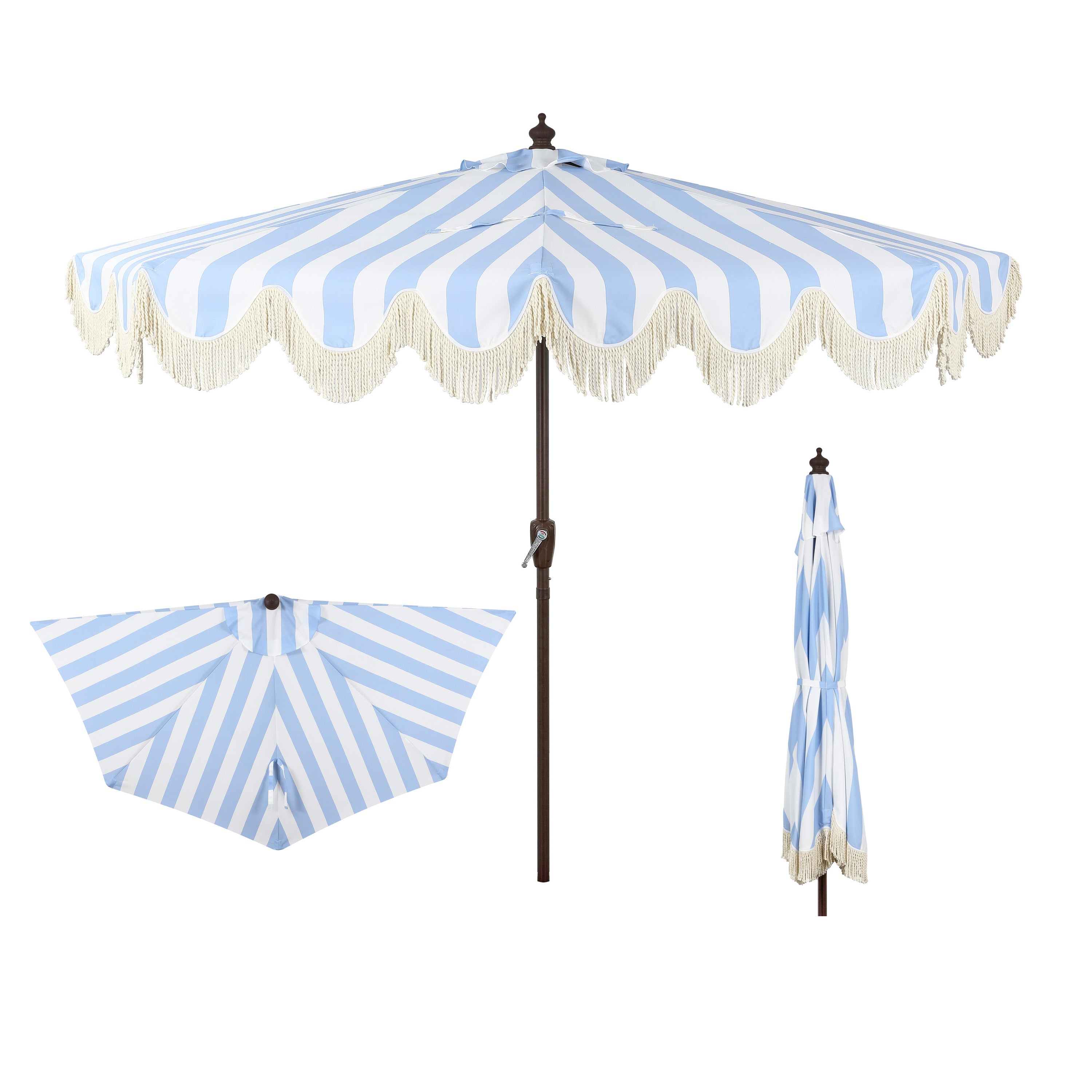 Beverly Stripe Designer Classic Scalloped Fringe Half Market Patio Umbrella with Crank