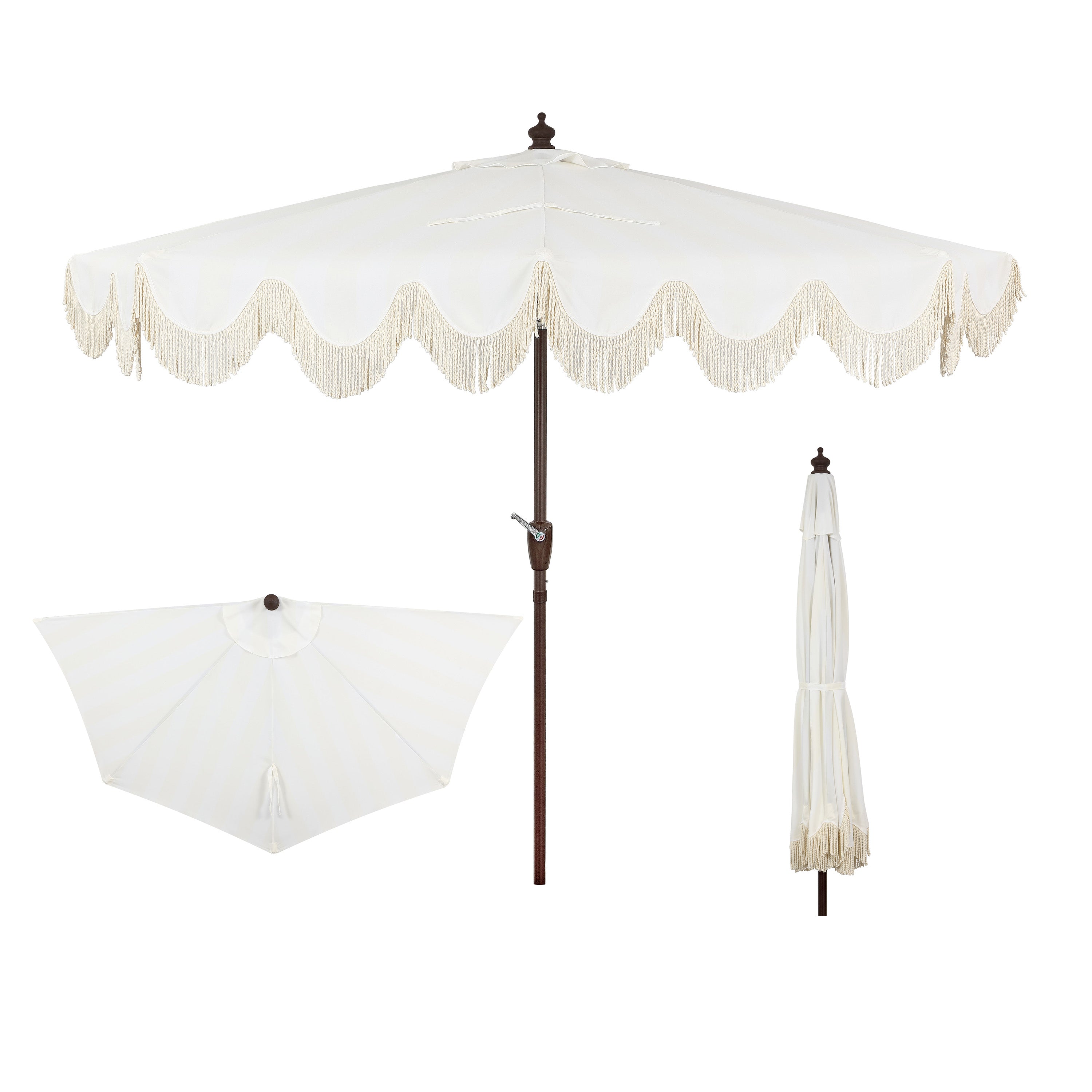 cantilever patio umbrella pier one JONATHAN Y Designs Beverly 9 ft. Designer Classic Scalloped Fringe Half Market Patio Umbrella with Crank