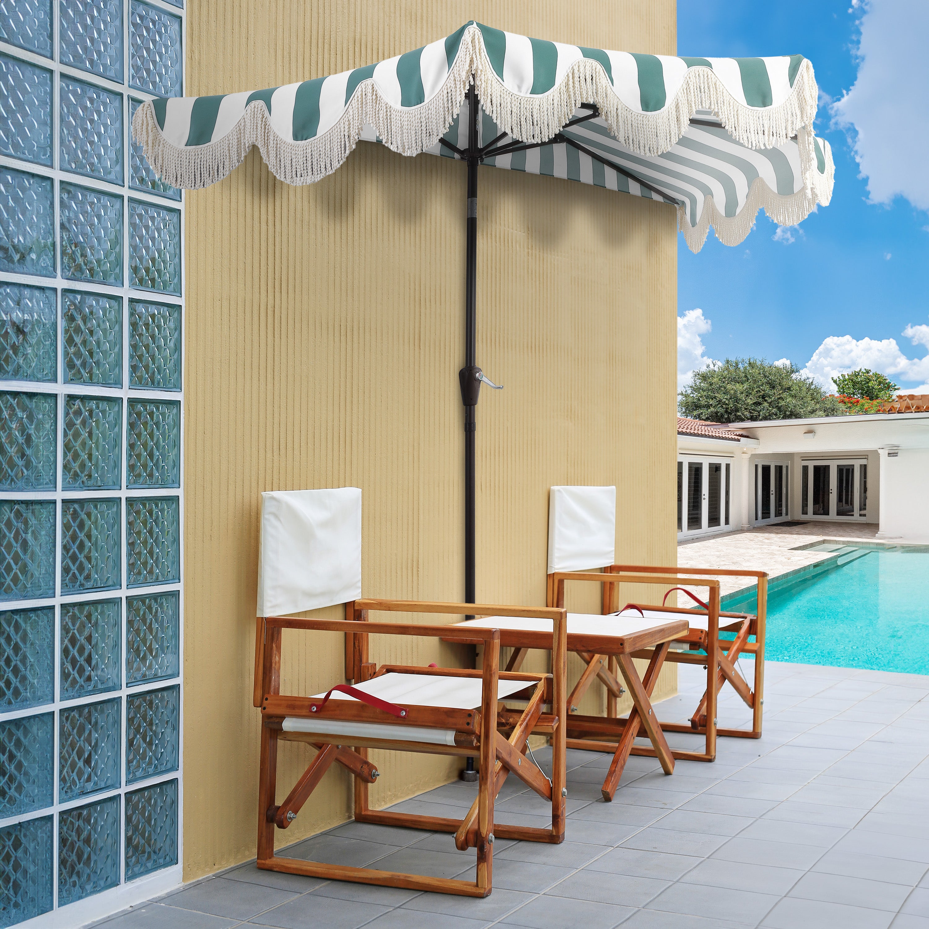 half patio set with umbrella JONATHAN Y Designs Beverly 9 ft. Designer Classic Scalloped Fringe Half Market Patio Umbrella with Crank