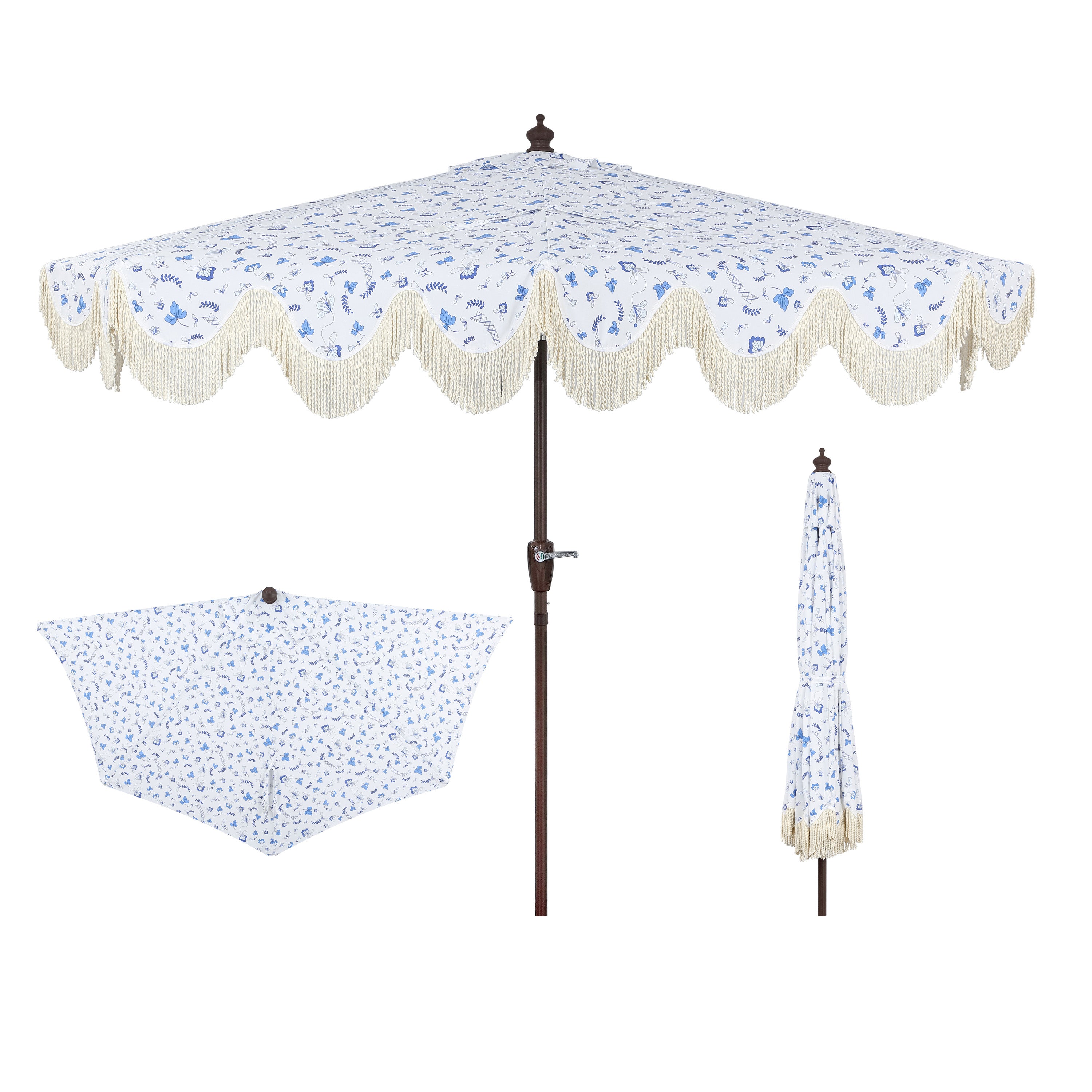 Beverly Stripe Designer Classic Scalloped Fringe Half Market Patio Umbrella with Crank
