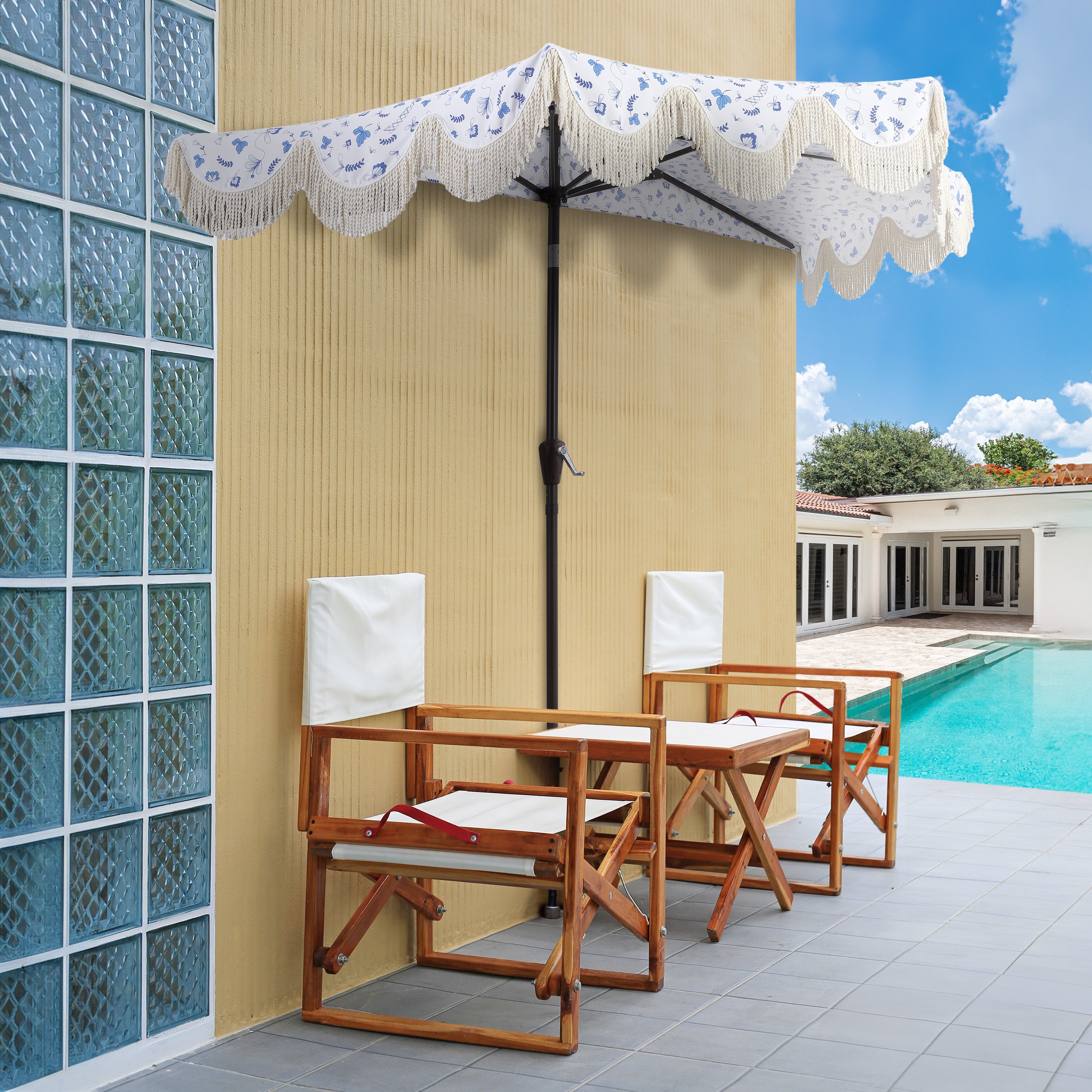 Beverly Stripe Designer Classic Scalloped Fringe Half Market Patio Umbrella with Crank