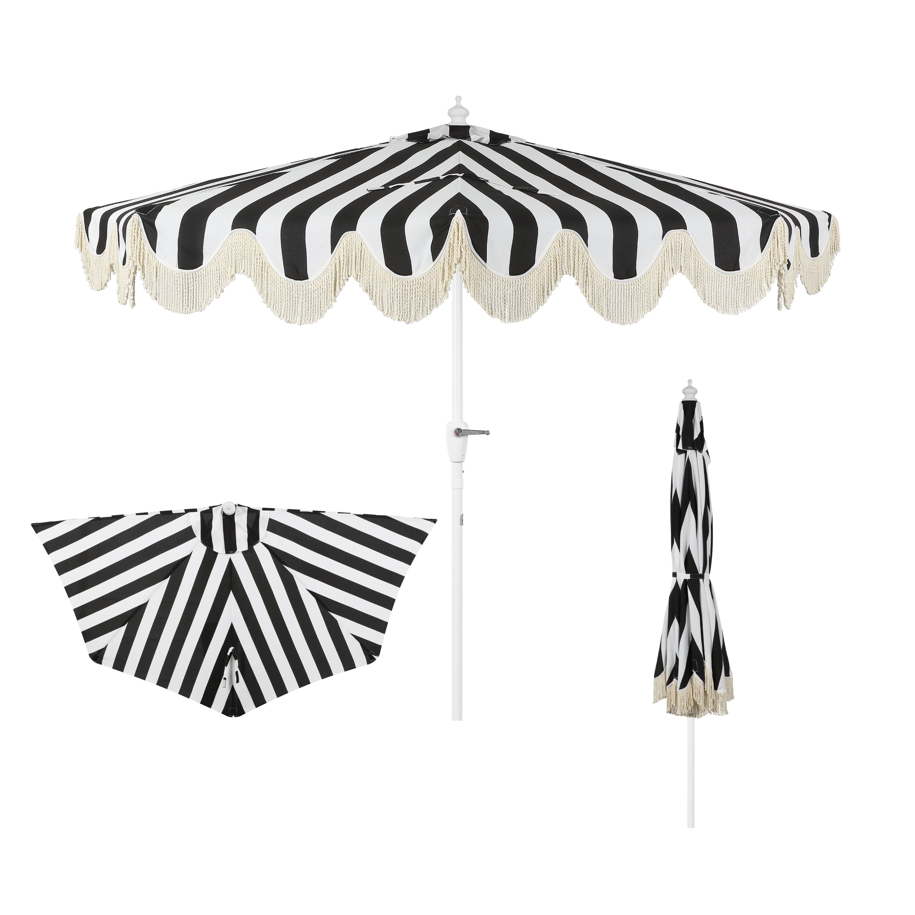 Beverly 9 ft. Designer Classic Scalloped Fringe Half Market Patio Umbrella with Crank
