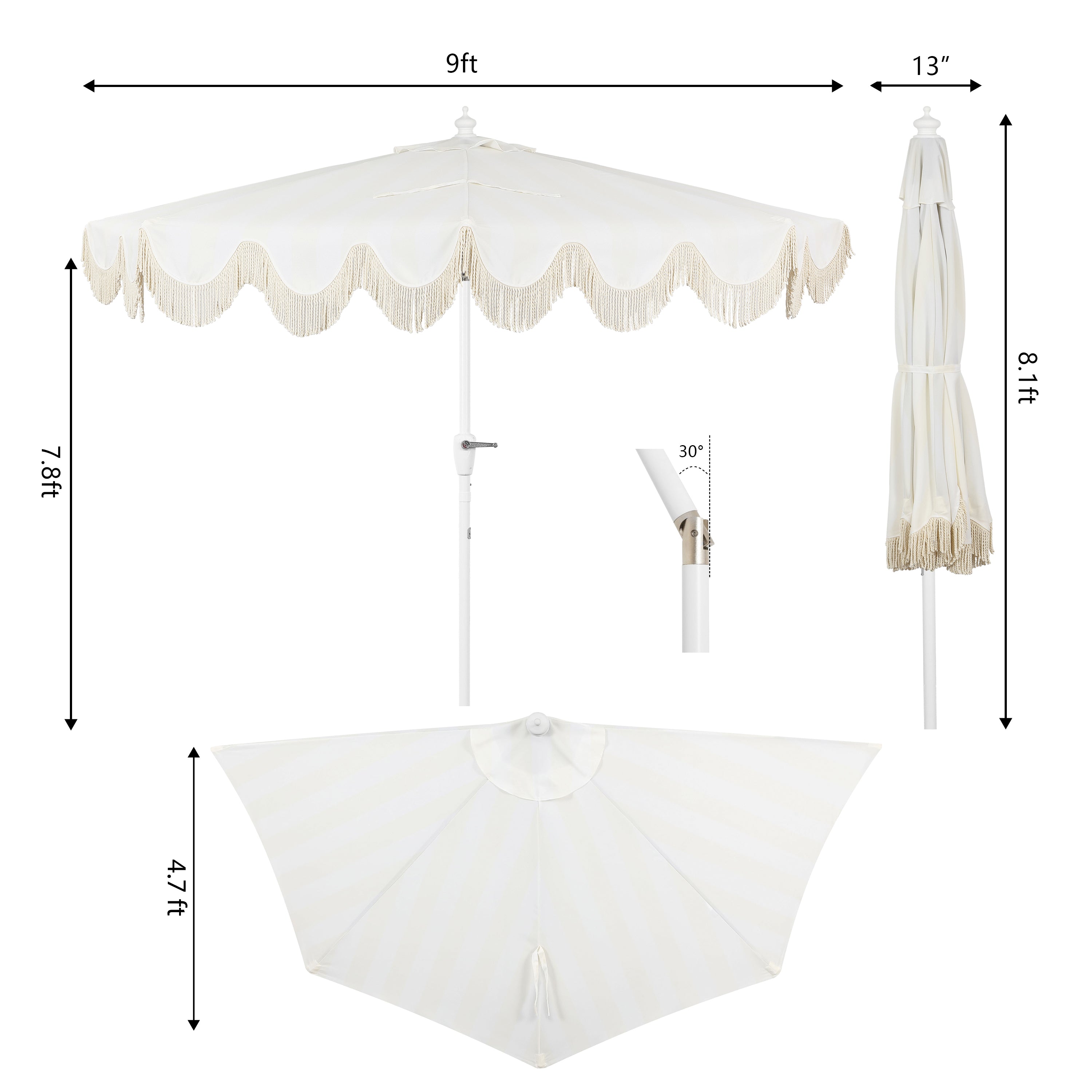 Beverly 9 ft. Designer Classic Scalloped Fringe Half Market Patio Umbrella with Crank