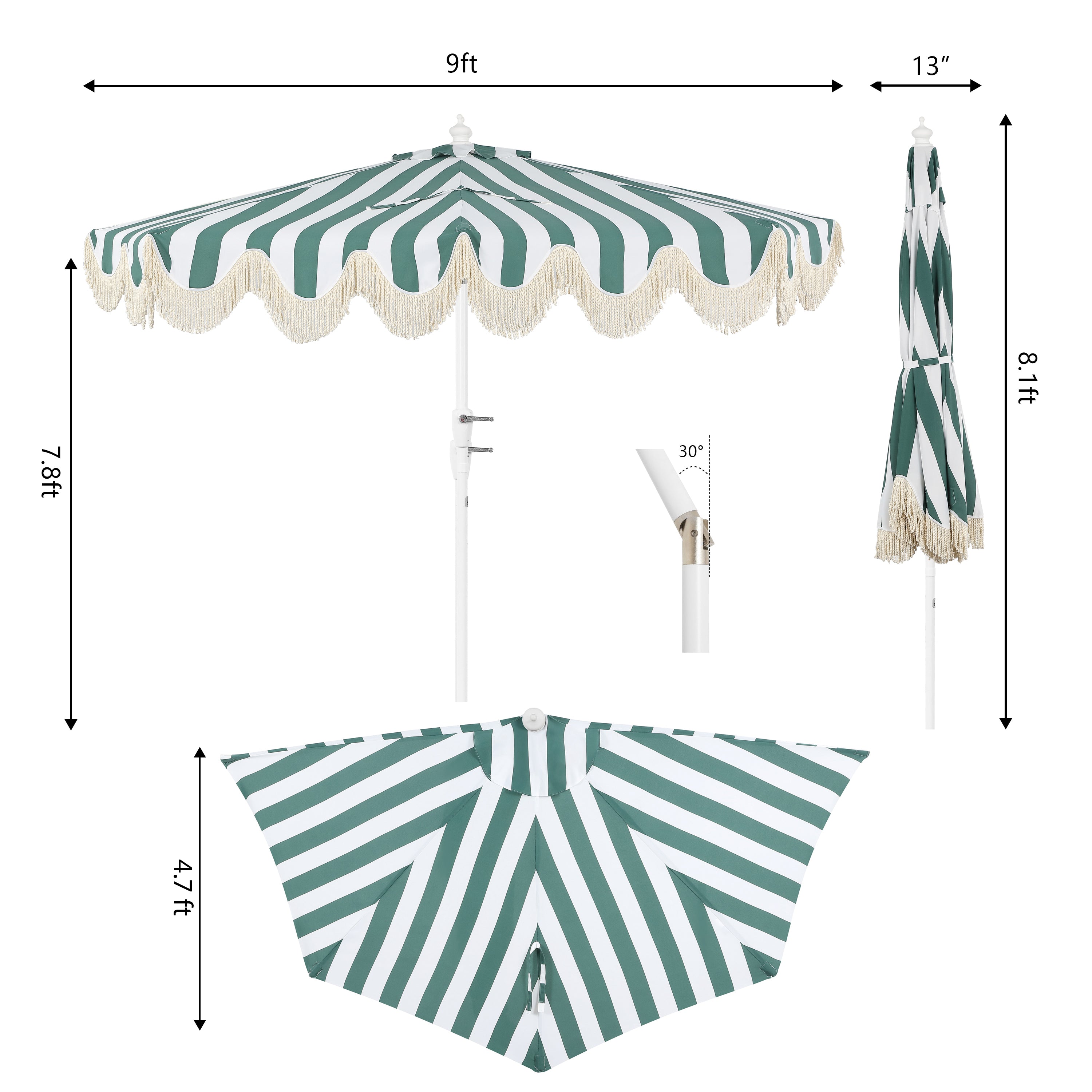 Beverly 9 ft. Designer Classic Scalloped Fringe Half Market Patio Umbrella with Crank