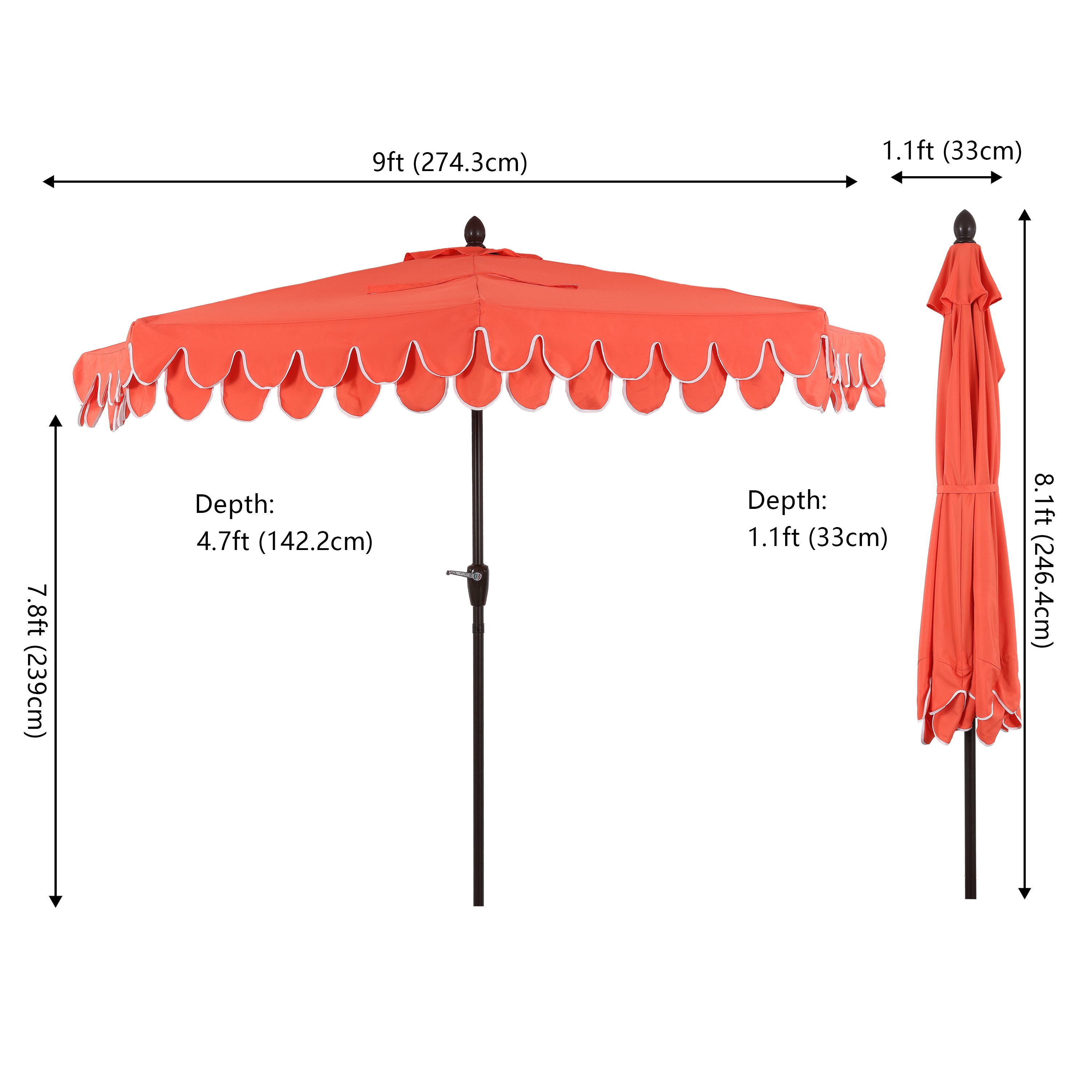 Terrace Arc 9 ft Scalloped Fringe Market Patio Half Umbrella with Crank, Tilt Button and UV Protection