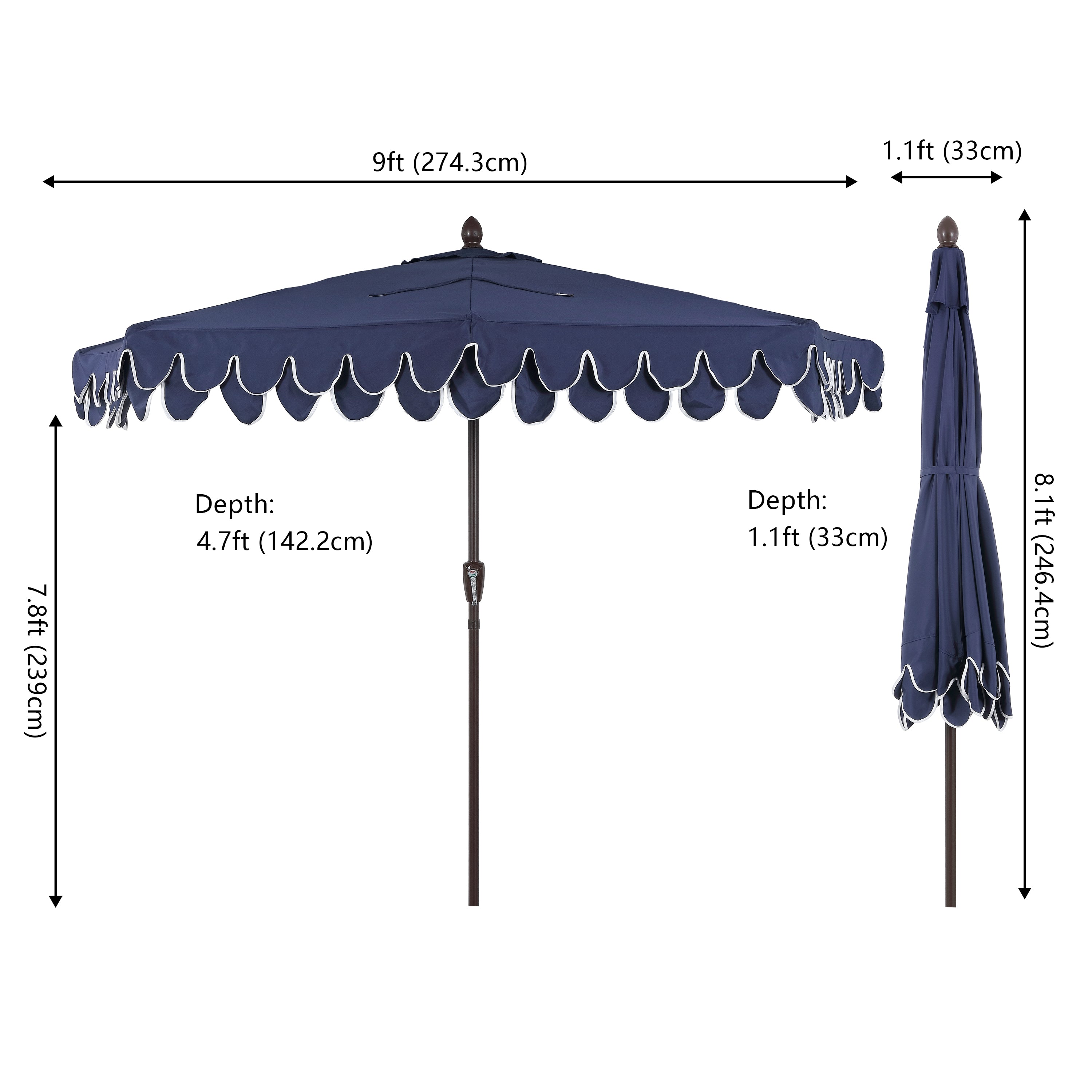 Terrace Arc 9 ft Scalloped Fringe Market Patio Half Umbrella with Crank, Tilt Button and UV Protection