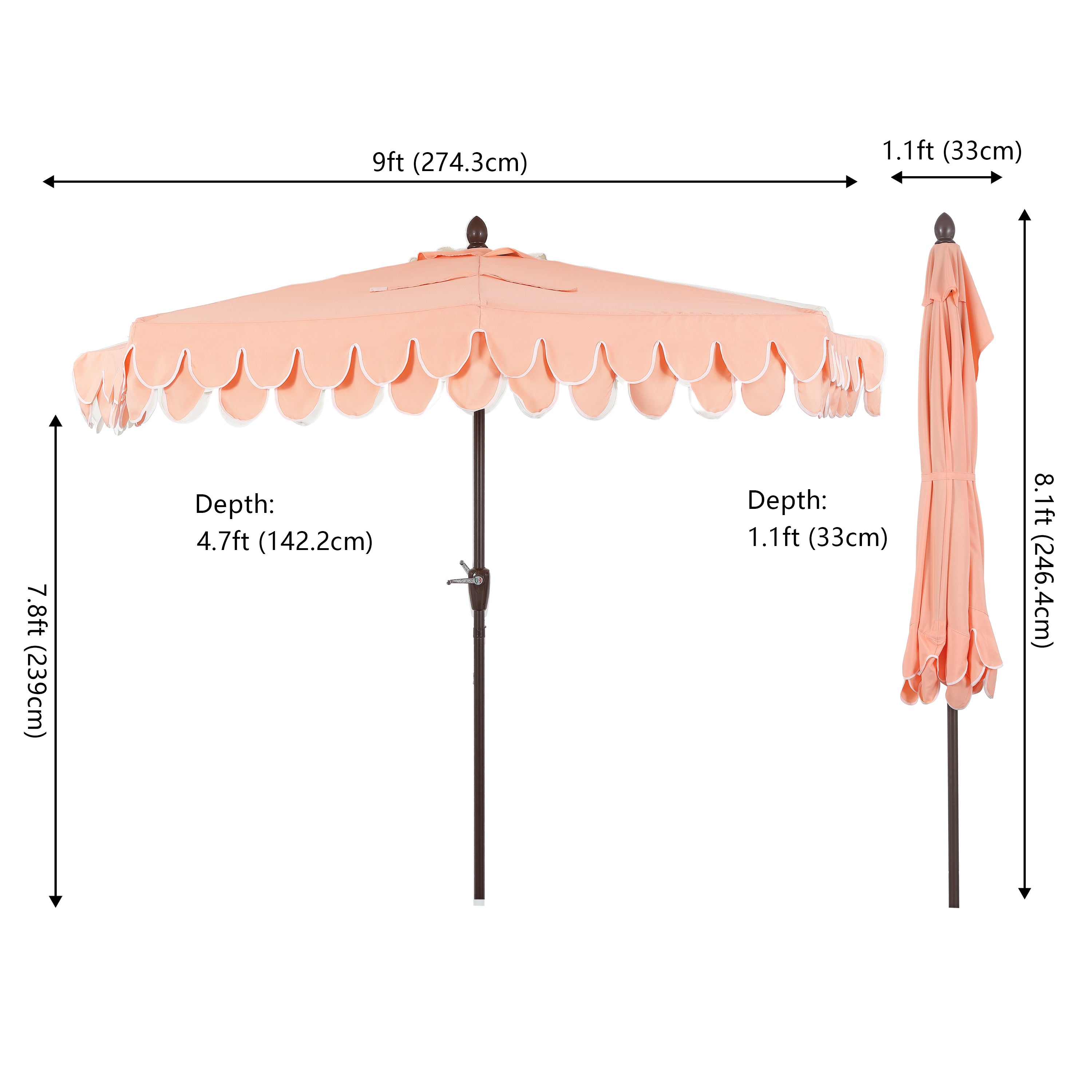 Terrace Arc 9 ft Scalloped Fringe Market Patio Half Umbrella with Crank, Tilt Button and UV Protection