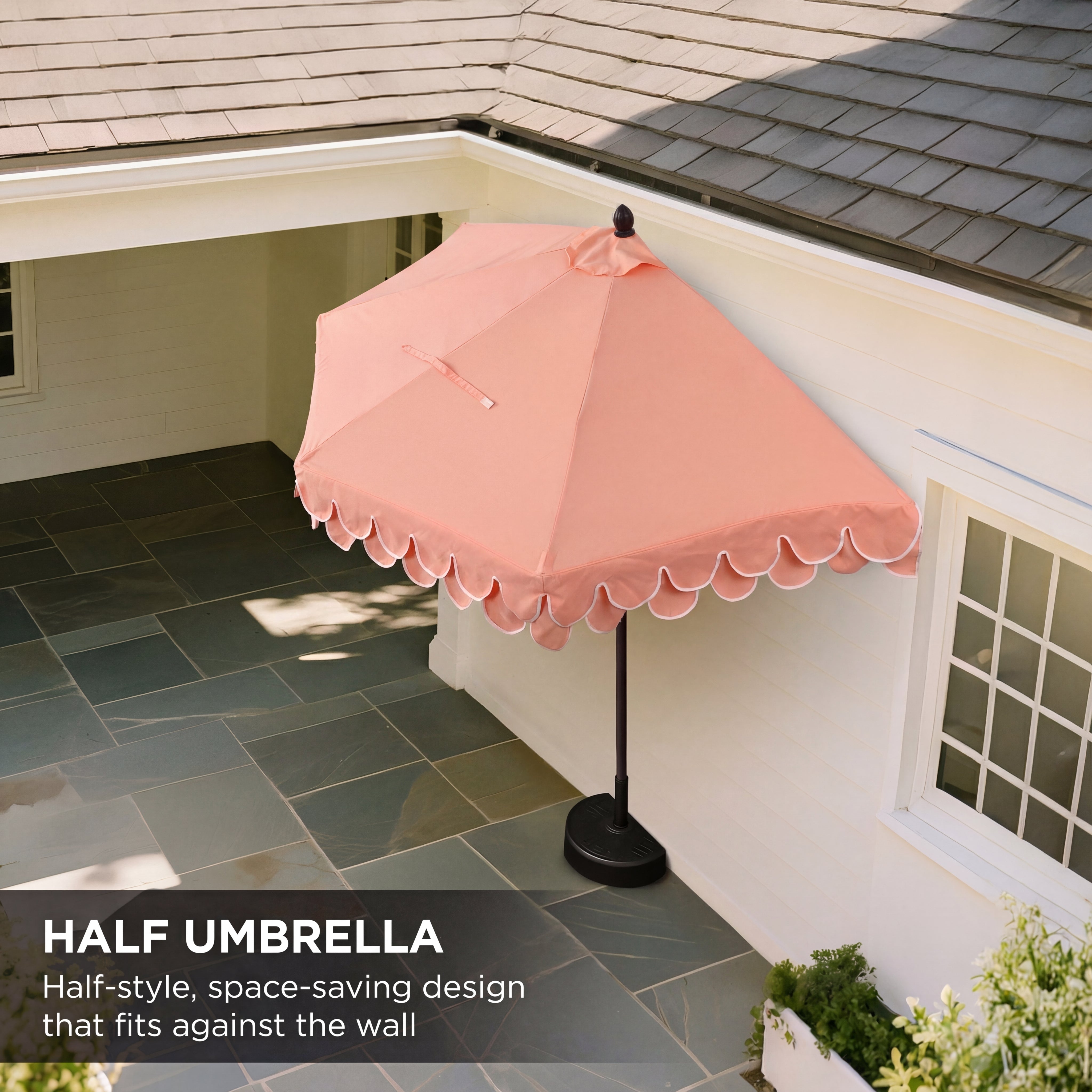 Terrace Arc 9 ft Scalloped Fringe Market Patio Half Umbrella with Crank, Tilt Button and UV Protection