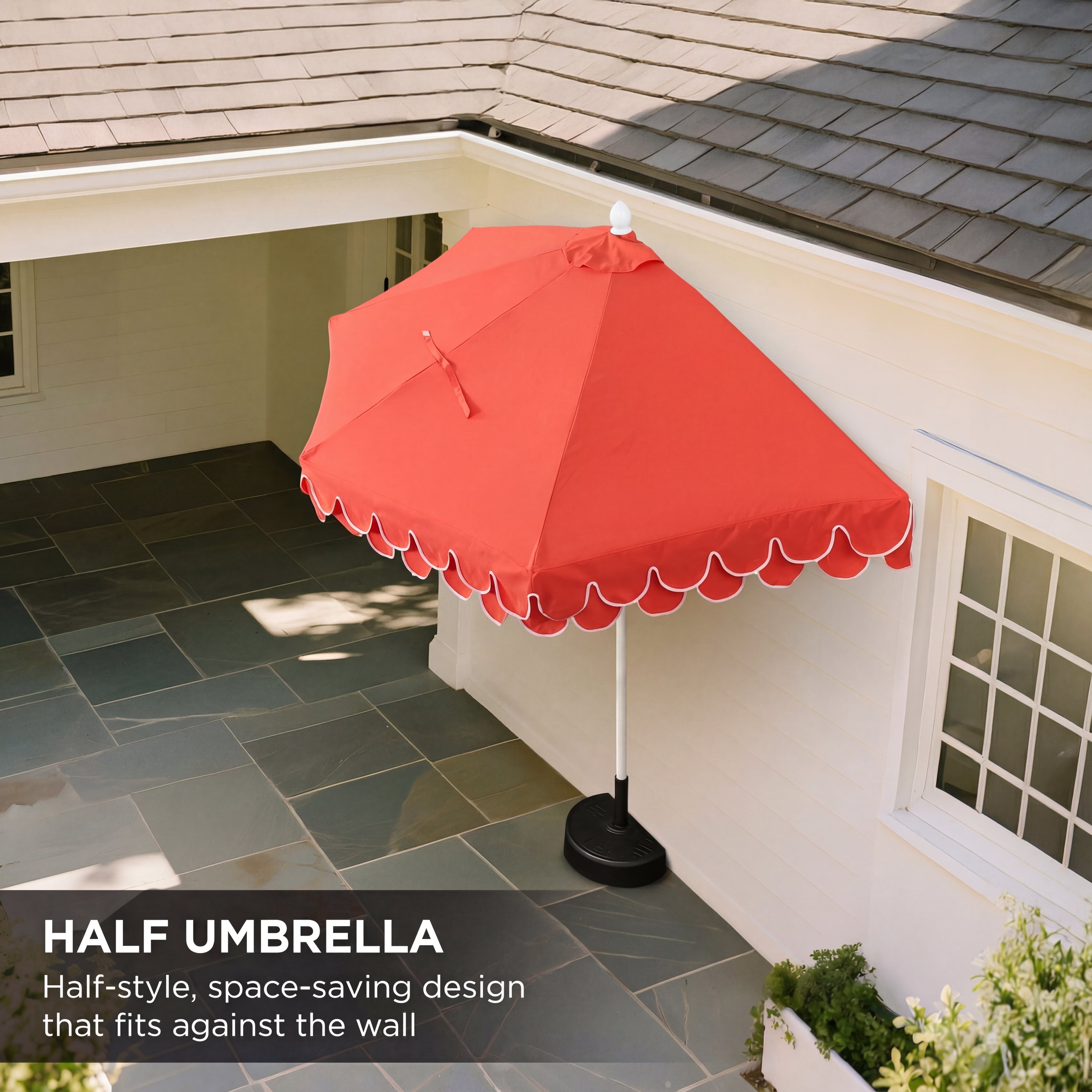 Terrace Arc 9 ft Scalloped Fringe Market Patio Half Umbrella with Crank, Tilt Button and UV Protection