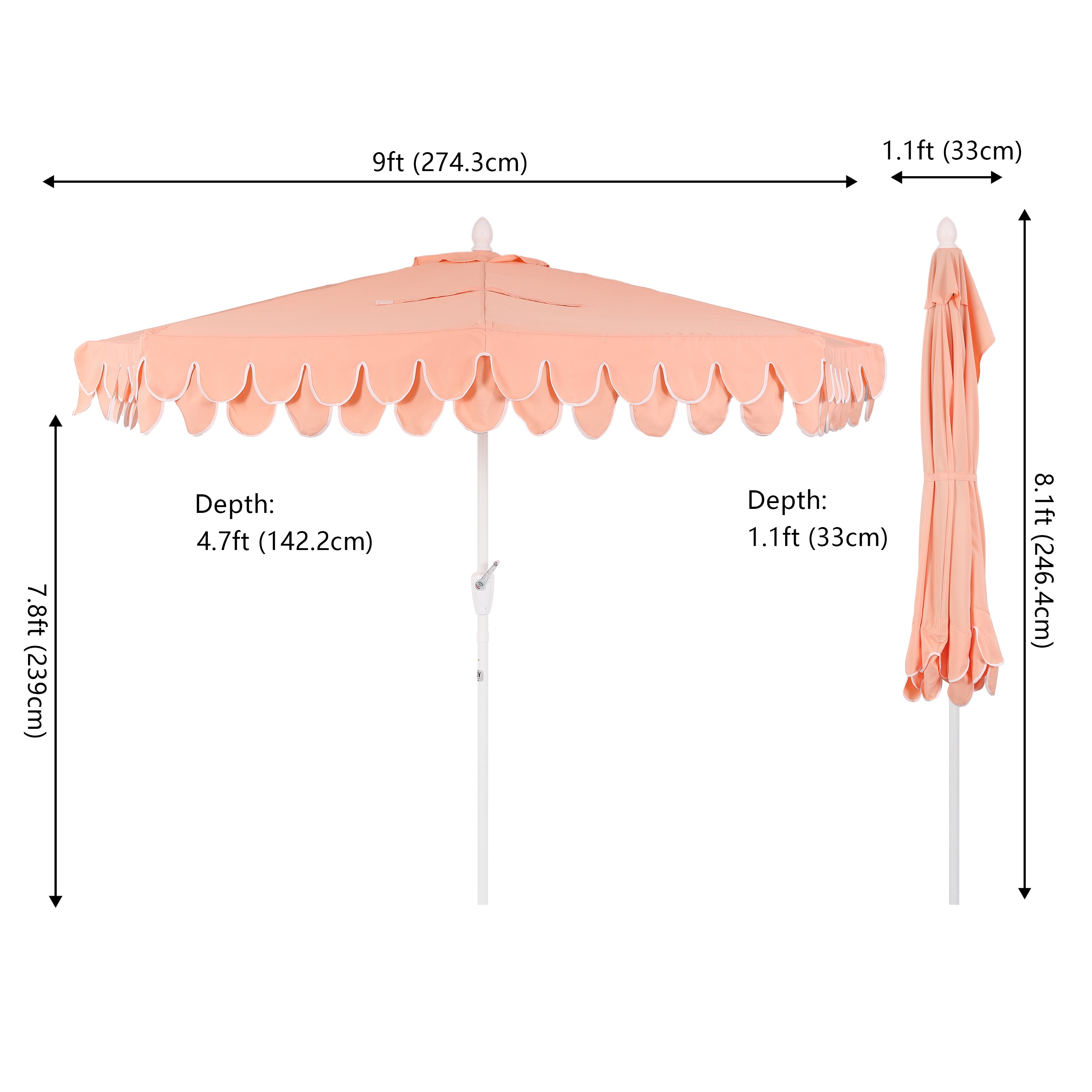 Terrace Arc 9 ft Scalloped Fringe Market Patio Half Umbrella with Crank, Tilt Button and UV Protection