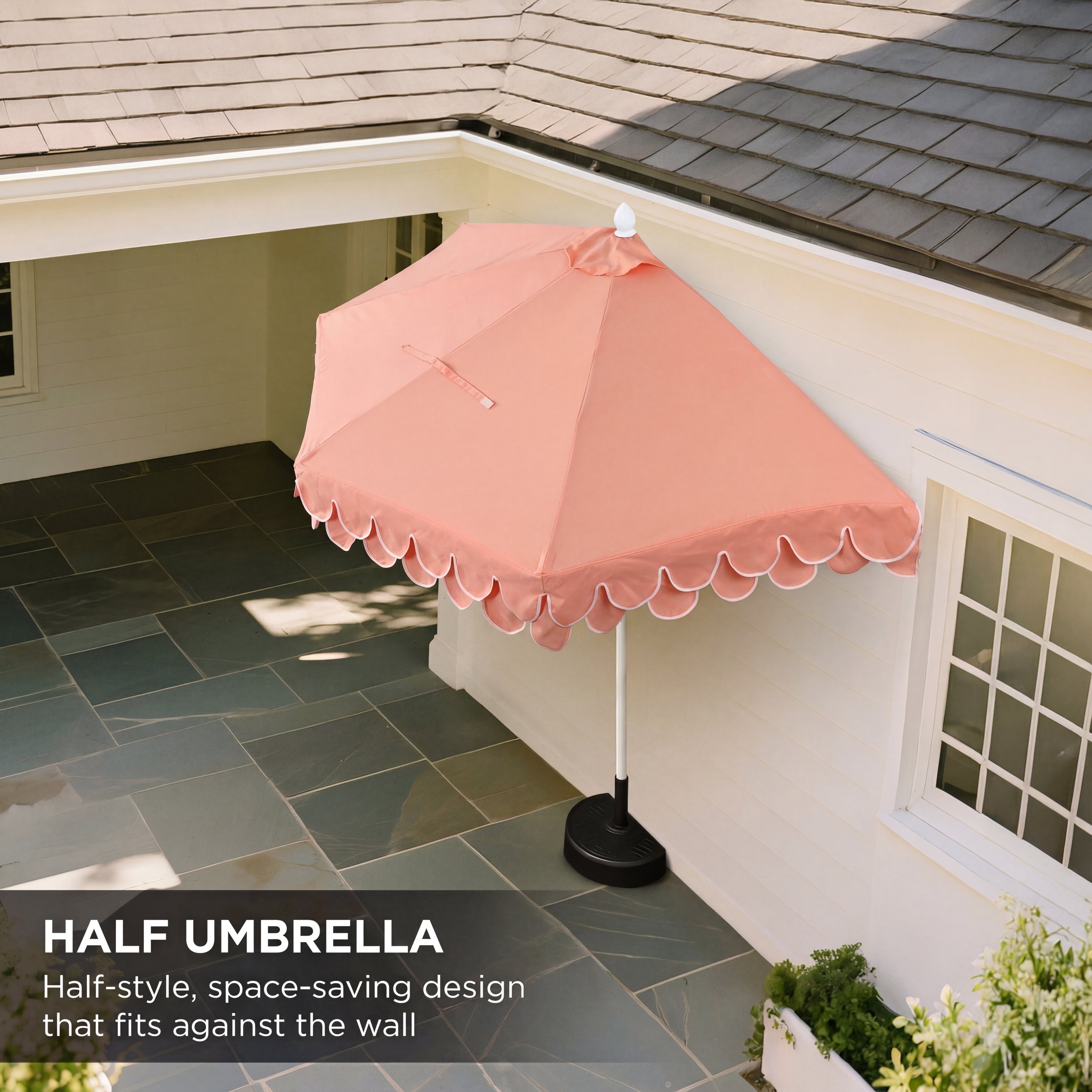 Terrace Arc 9 ft Scalloped Fringe Market Patio Half Umbrella with Crank, Tilt Button and UV Protection