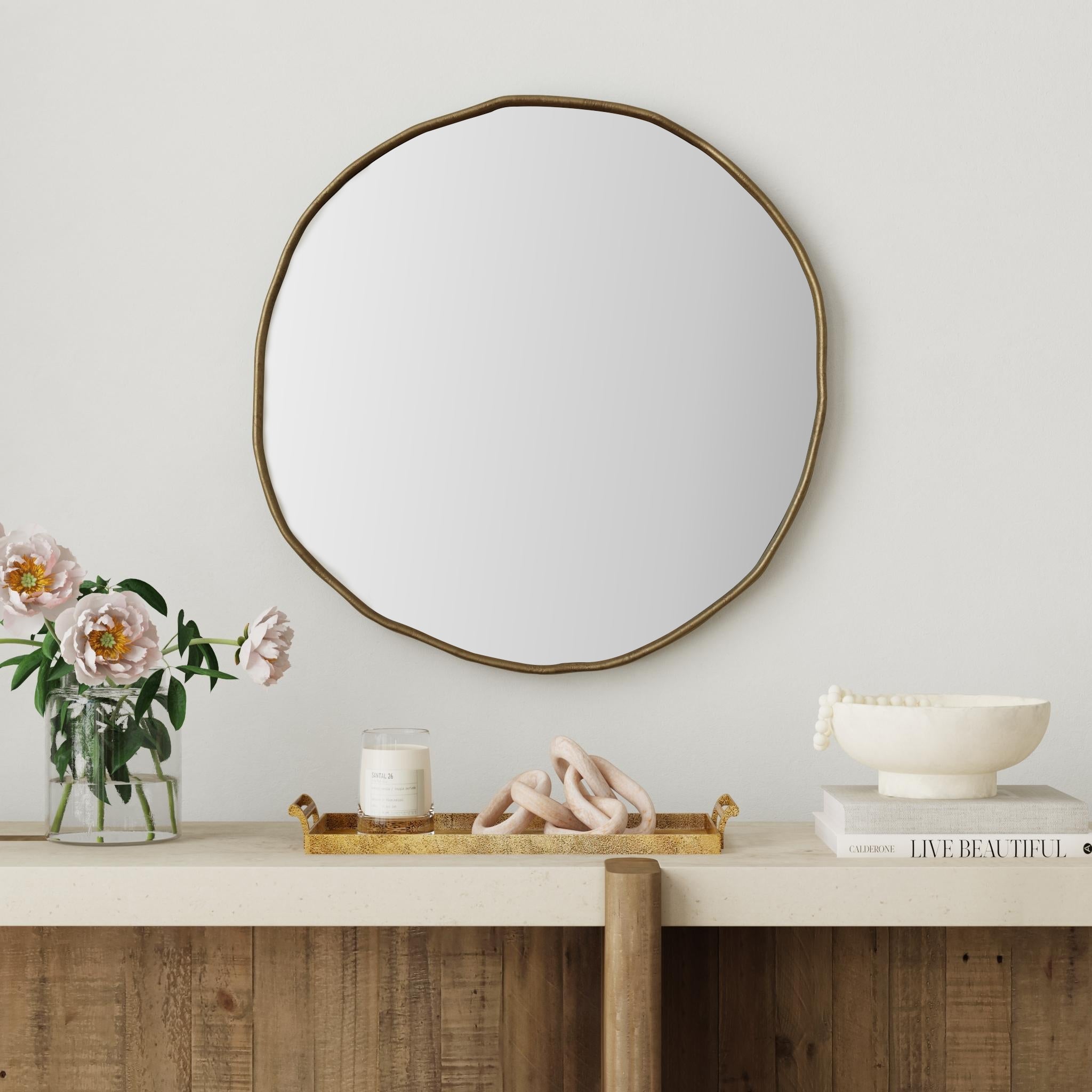 Marni Organic Round Mirror, 29"W, Antique Brass