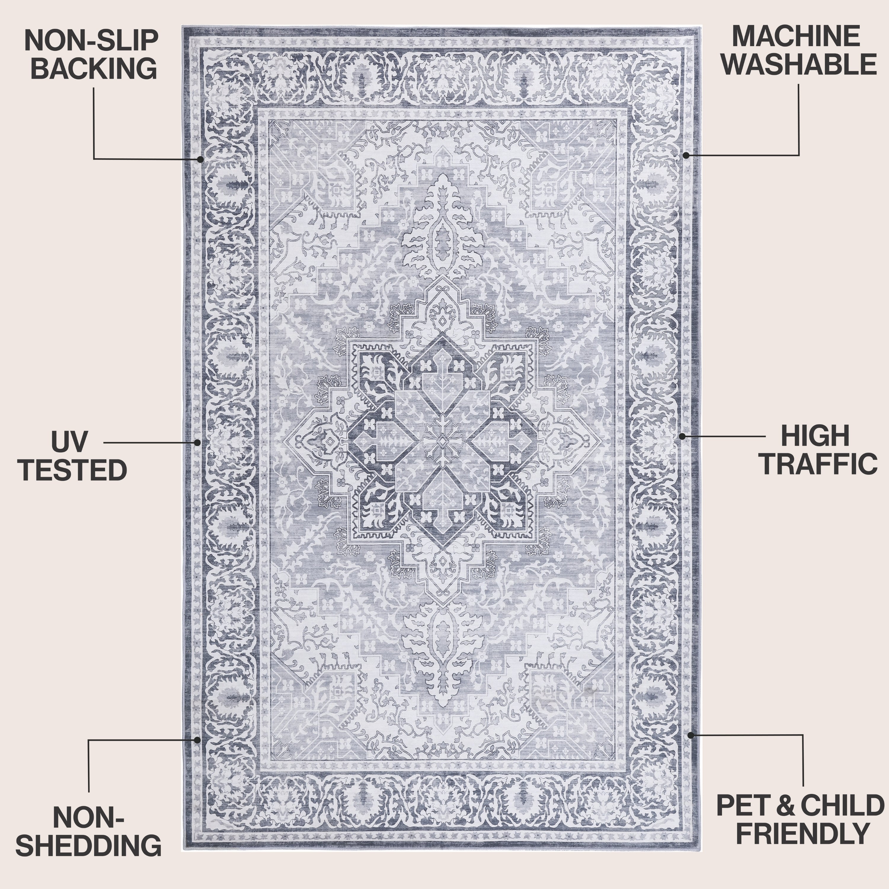Eleanor Vintage Medallion Border Non-Slip Machine-Washable Rug