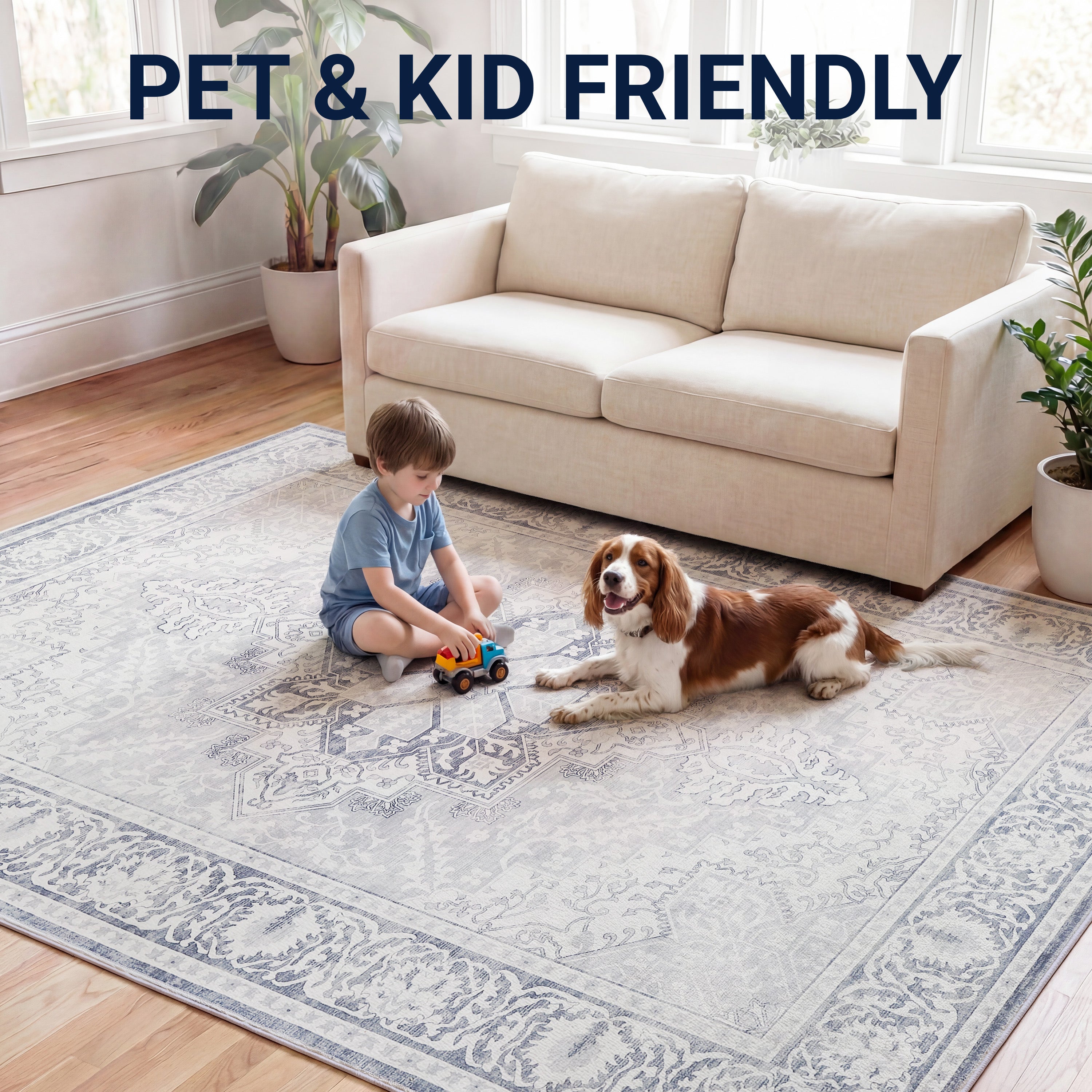 Eleanor Vintage Medallion Border Non-Slip Machine-Washable Rug
