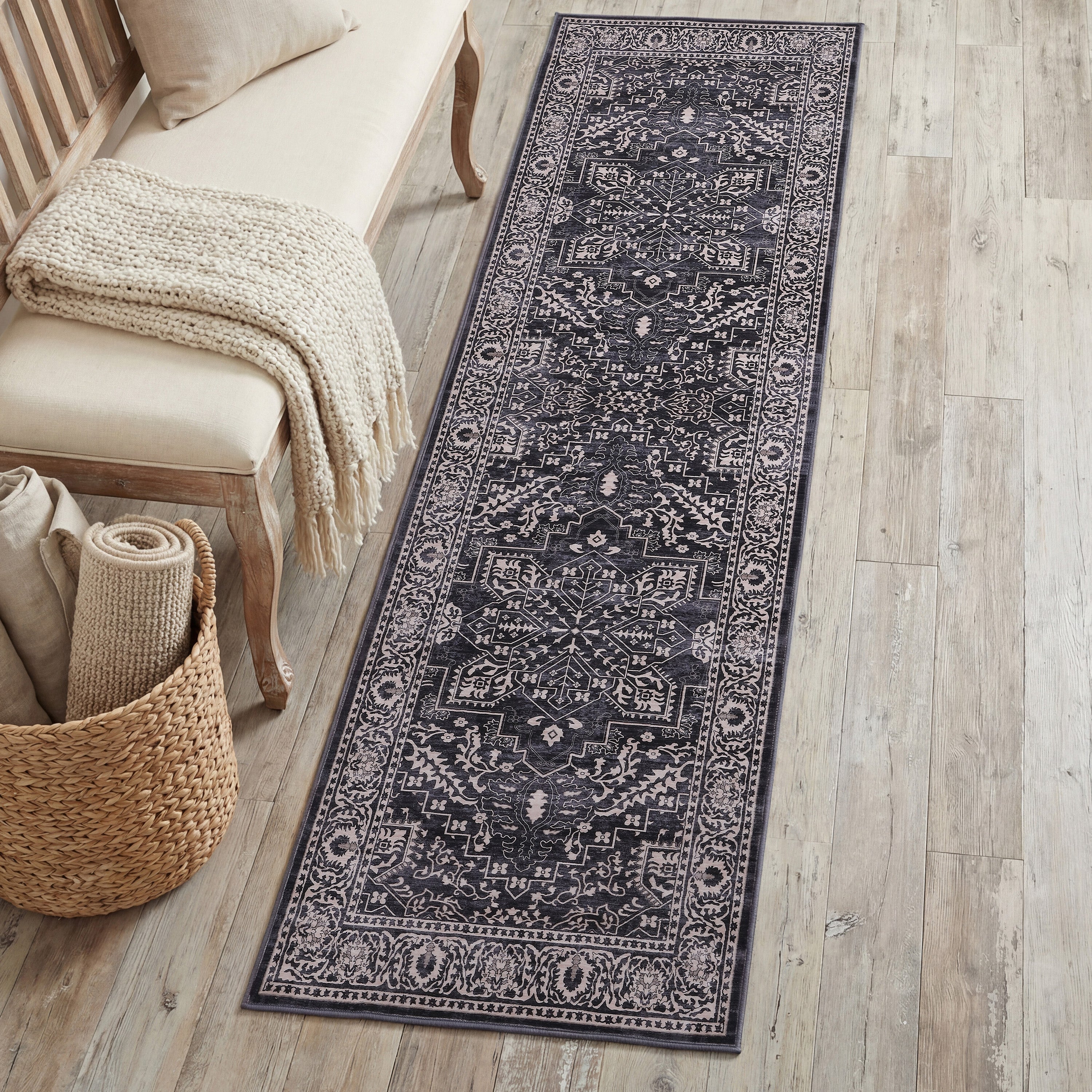 Eleanor Vintage Medallion Border Non-Slip Machine-Washable Rug